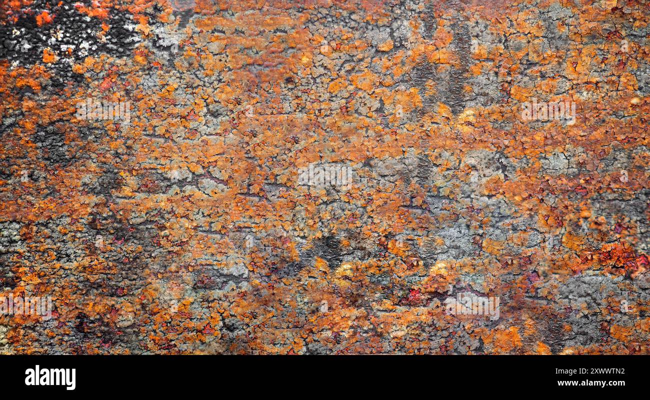 consistenza di una superficie metallica arrugginita con vernice pelante e strati corrosi in tonalità arancioni. Foto Stock