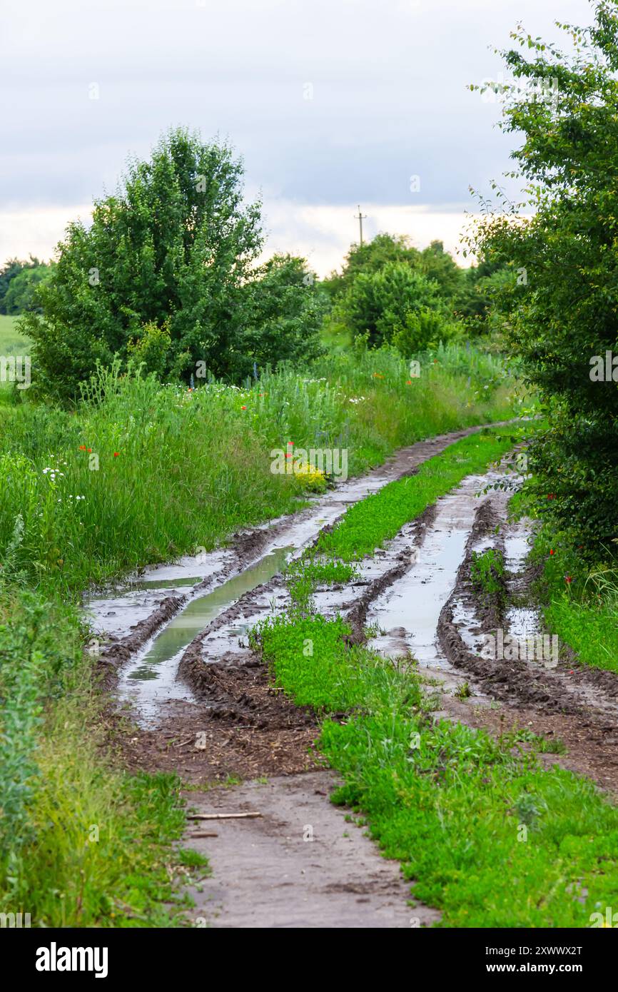 strada rurale rotta e sporca con cingoli profondi. Foto Stock