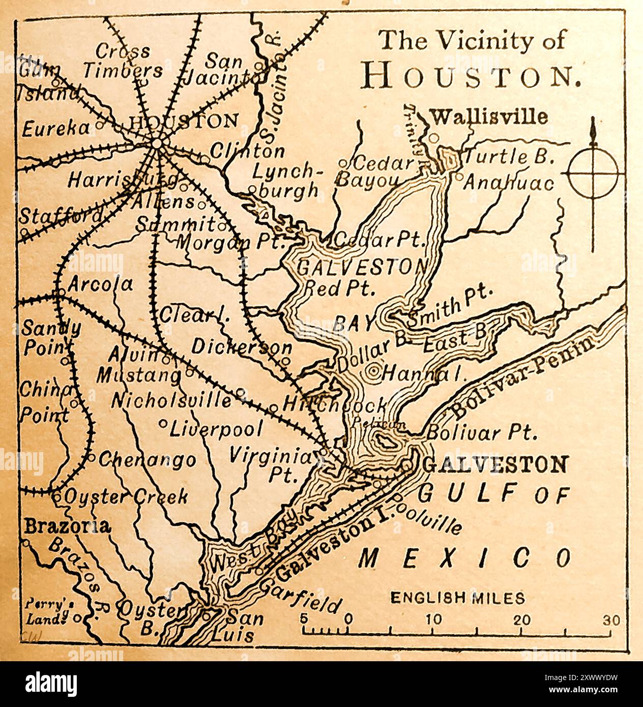 Una mappa del XIX secolo di Houston, Texas, USA e dintorni Foto Stock