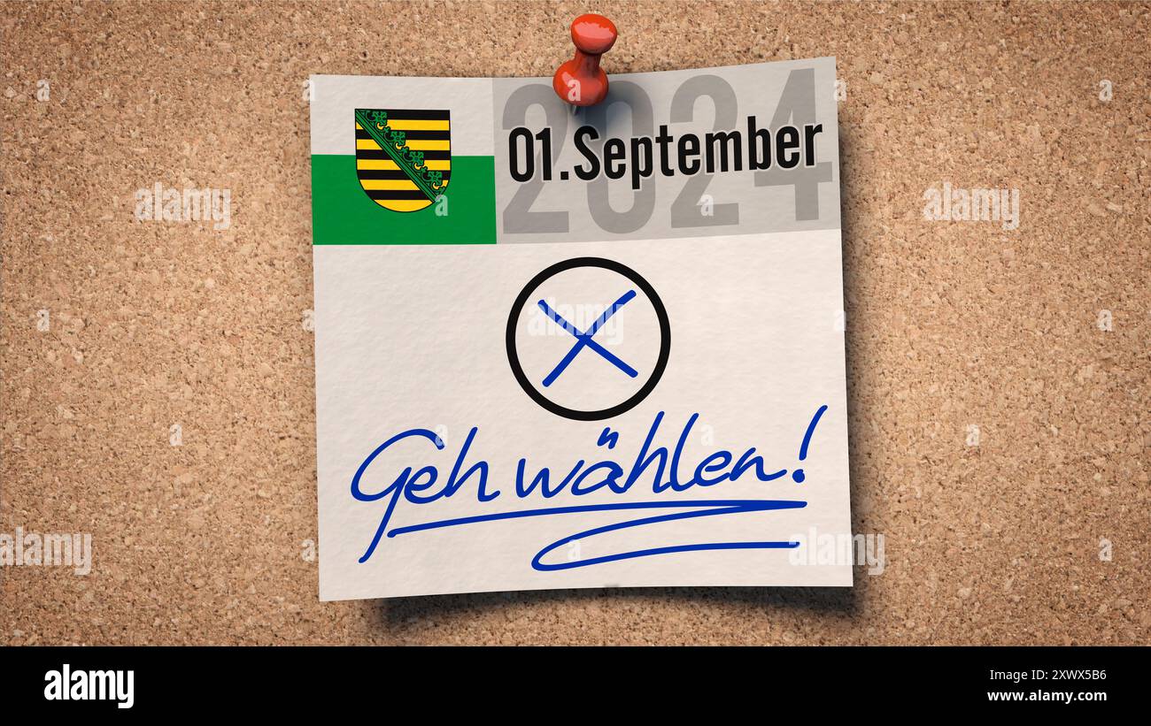 Blocco note con data elettorale e invito in tedesco Geh waehlen (Vai a votare), elezioni statali in Sassonia Foto Stock