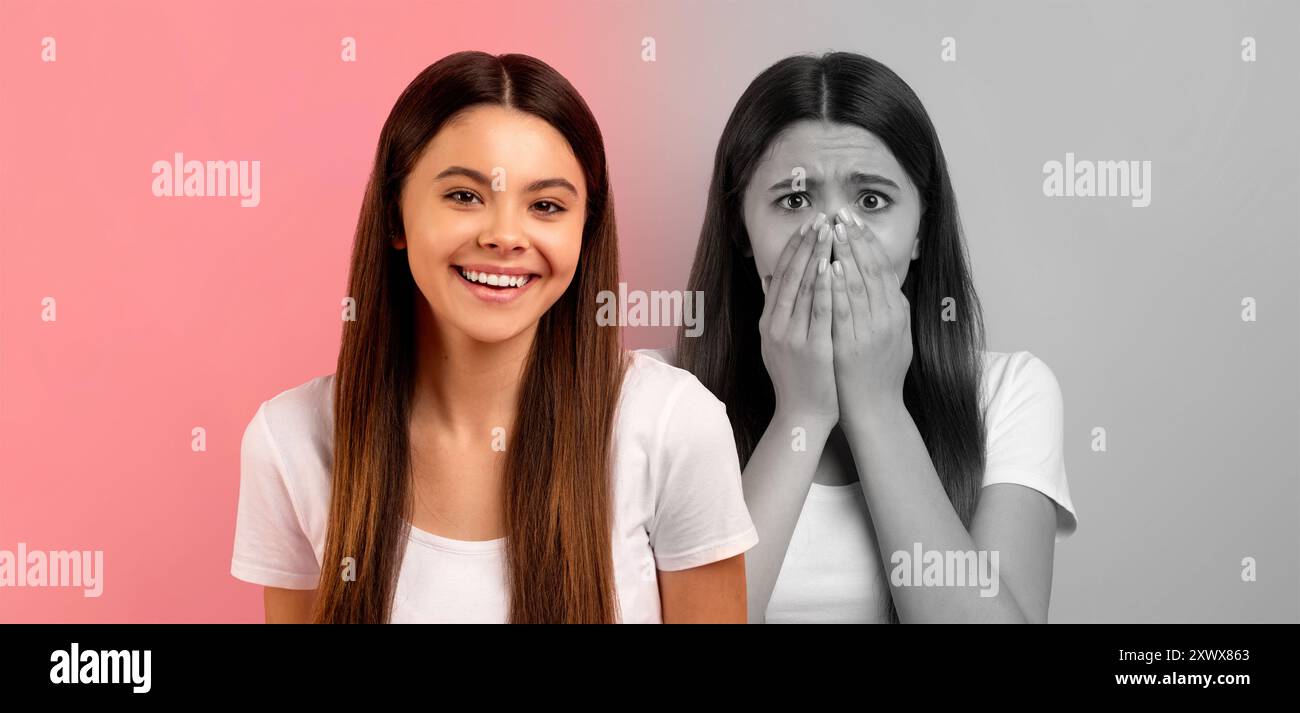 Emozioni contrastanti di Young Woman catturate in due espressioni distinte Foto Stock