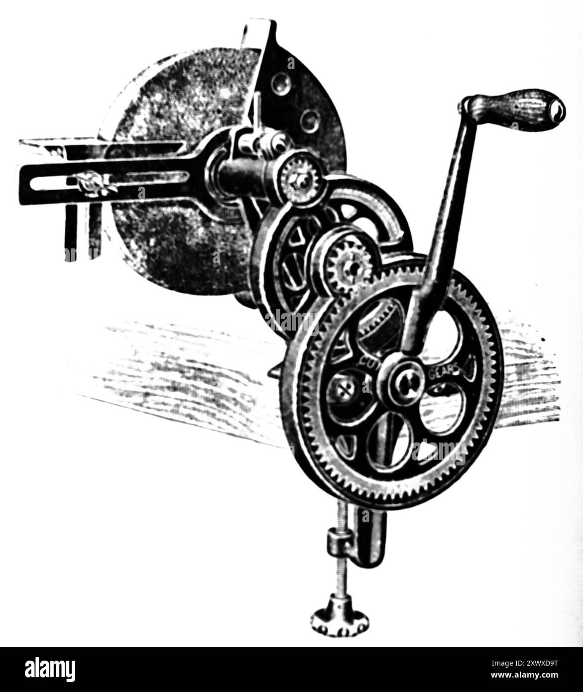 Smerigliatrice manuale a doppio ingranaggio. Questa fotografia proviene da un'ampia selezione di illustrazioni ingegneristiche e di foto stampate che sono state originariamente pubblicate nel 1936. Le dimensioni e la qualità degli originali variano notevolmente. Foto Stock