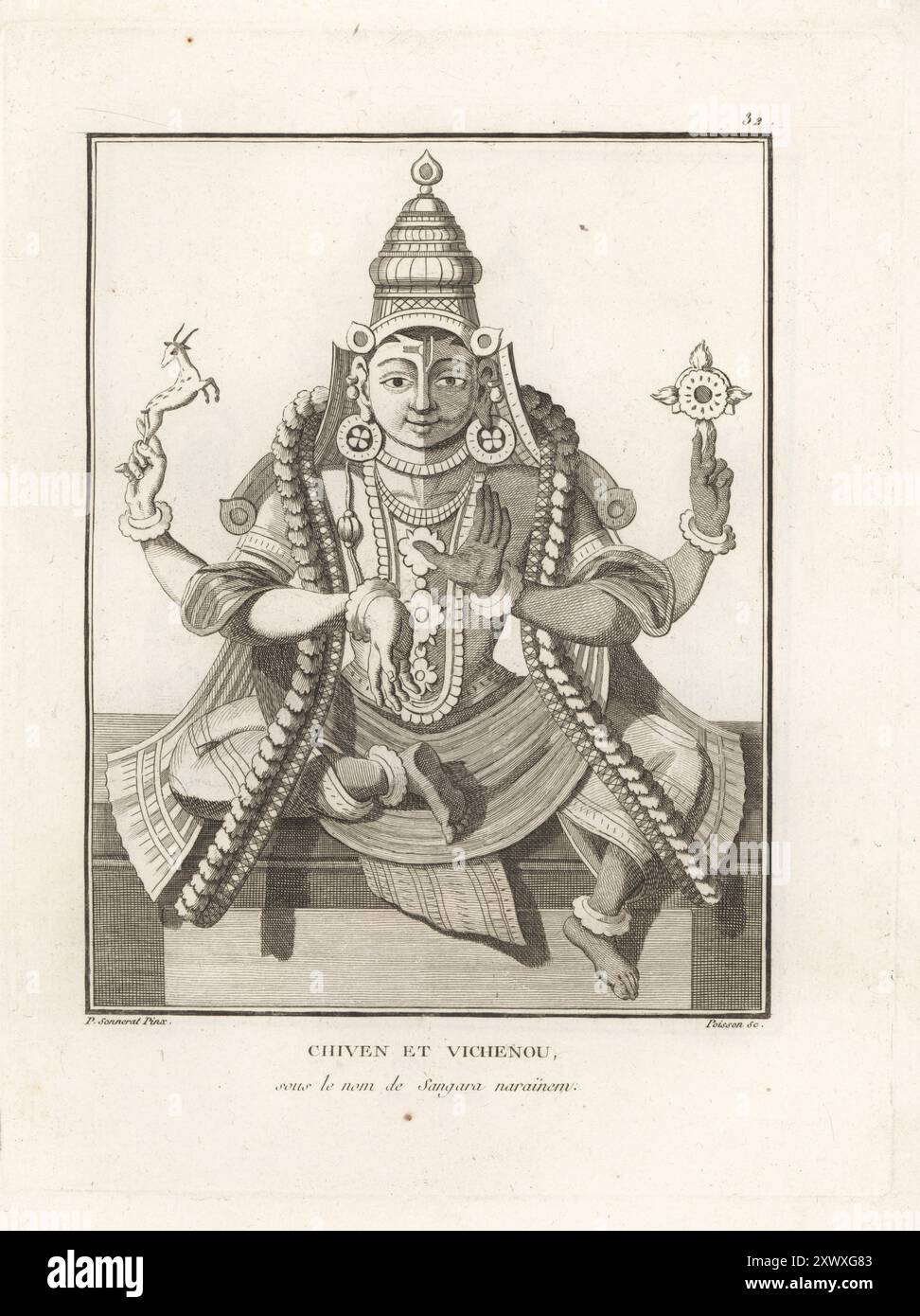 Gli dei indù Shiva e Vishnu si unirono sotto il nome di Shankara Narayana. La figura è metà bianca e metà blu. Chiven et Vichenou sous le nom de Sangara Narainem. Incisione su copperplate di Jean-Baptiste Marie Poisson dopo un'illustrazione di Pierre Sonnerat dal suo Voyage aux Indes Orientales et à la Chine (viaggio nelle Indie Orientali e Cina, Dentu, Parigi, 1806. Foto Stock