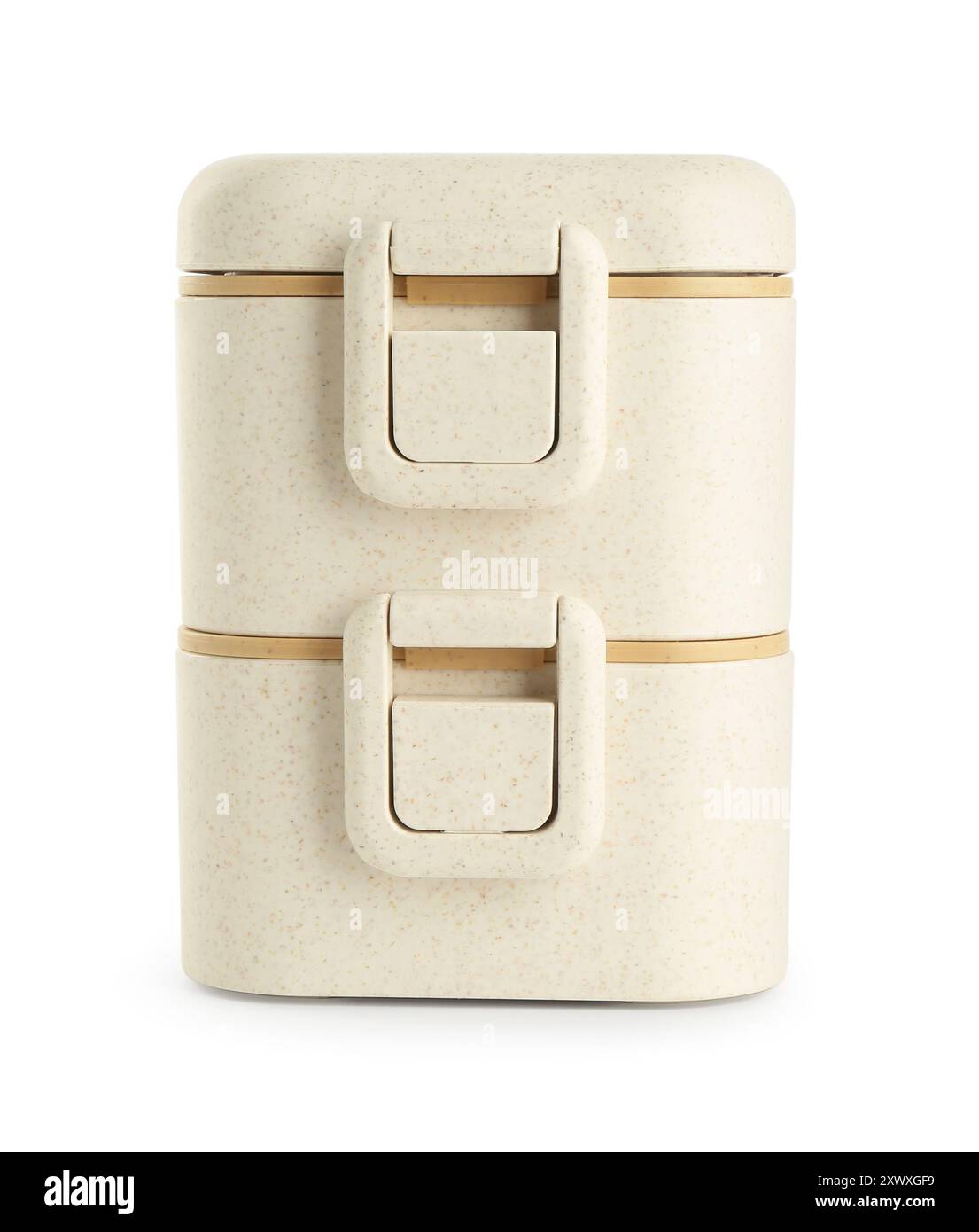 Portavivande in plastica beige isolate su bianco Foto Stock