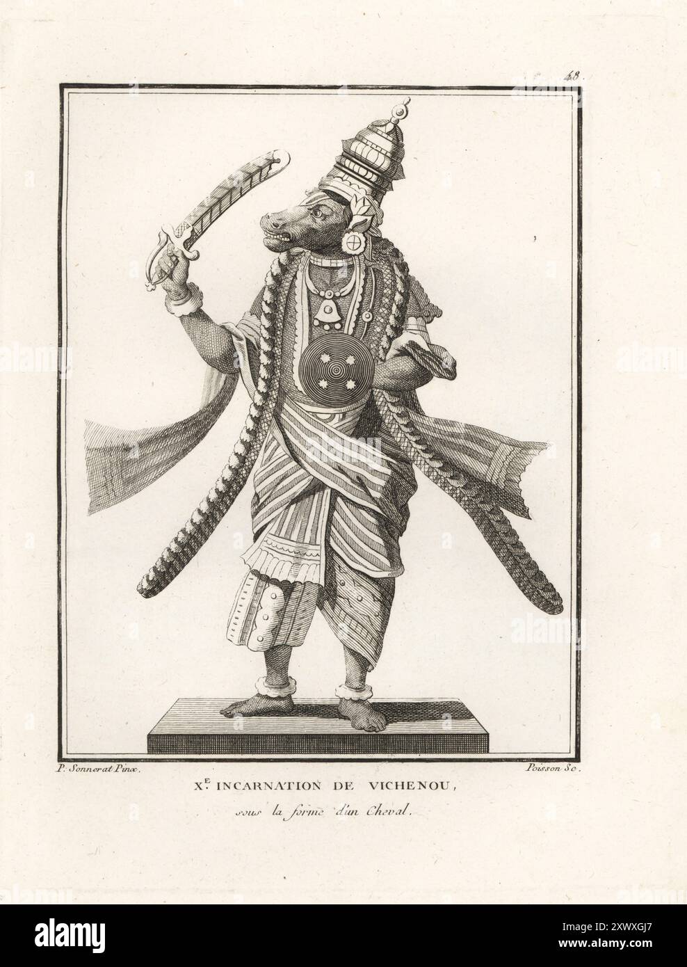 dio indù Vishnu come l'avatar a testa di cavallo Hayagriva, decima incarnazione. Dio della saggezza e della conoscenza, armato di scimitari e scudi rotondi. Dixieme Incarnation de Vichenou sous la forme d'un Cheval. Incisione su copperplate di Jean-Baptiste Marie Poisson dopo un'illustrazione di Pierre Sonnerat dal suo Voyage aux Indes Orientales et à la Chine (viaggio nelle Indie Orientali e Cina, Dentu, Parigi, 1806. Foto Stock