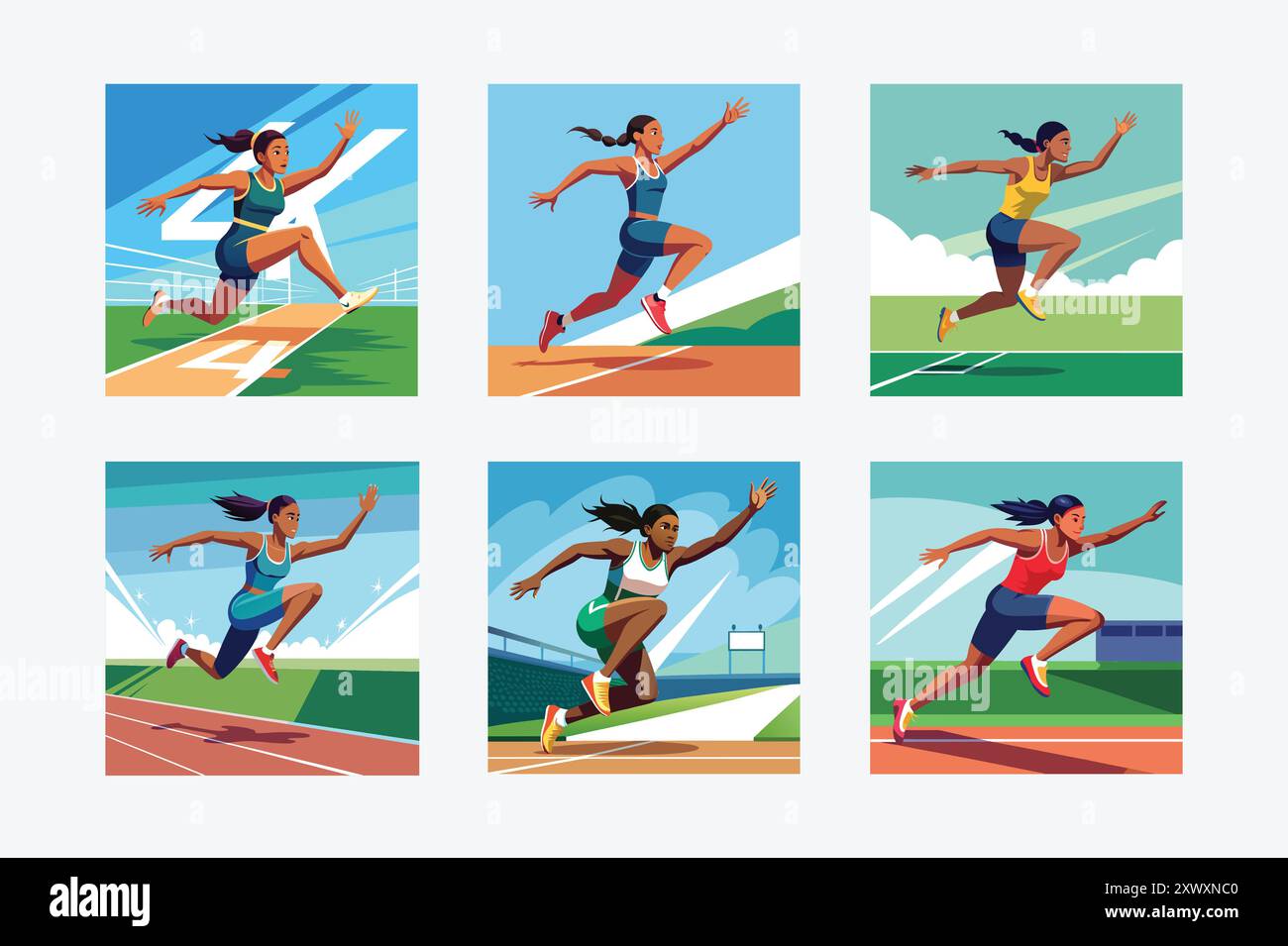 Illustrazione vettoriale salto lungo donna - Design di salto femminile atletico per grafica sportiva Illustrazione Vettoriale