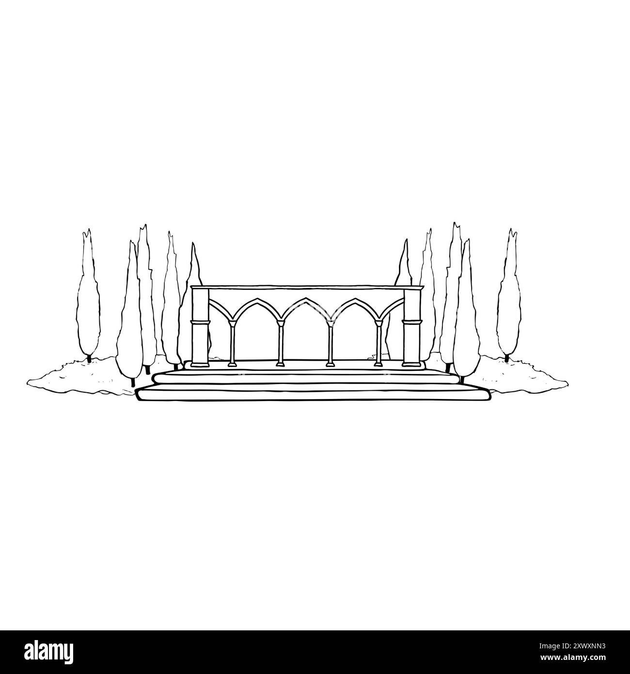 Antico colonnato con scalinate cipressi Illustrazione Vettoriale