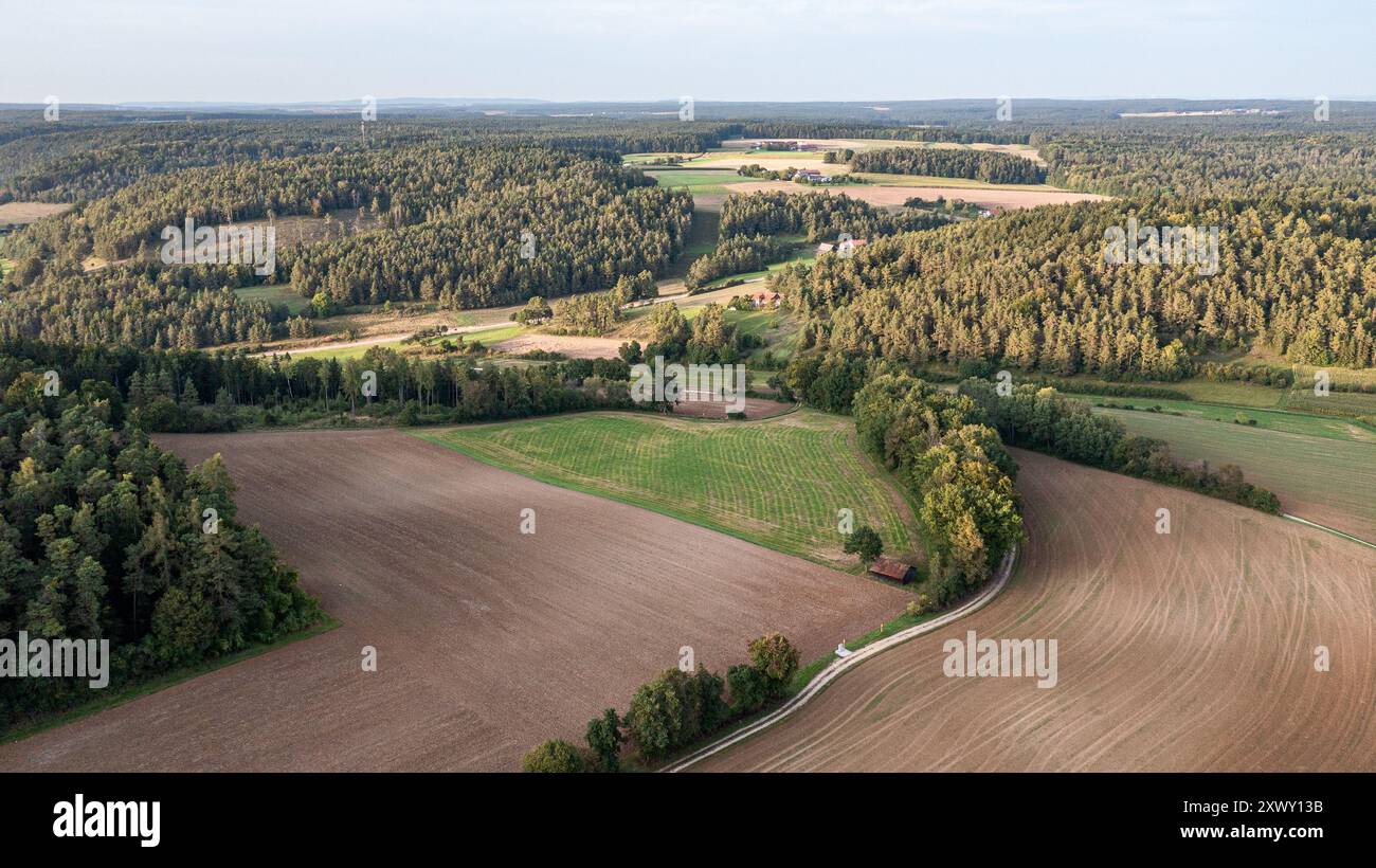 Campi e terreni agricoli che circondano Schloss Dietldorf a Burglengenfeld, distretto di Schwandorf, Baviera, Germania. Foto Stock