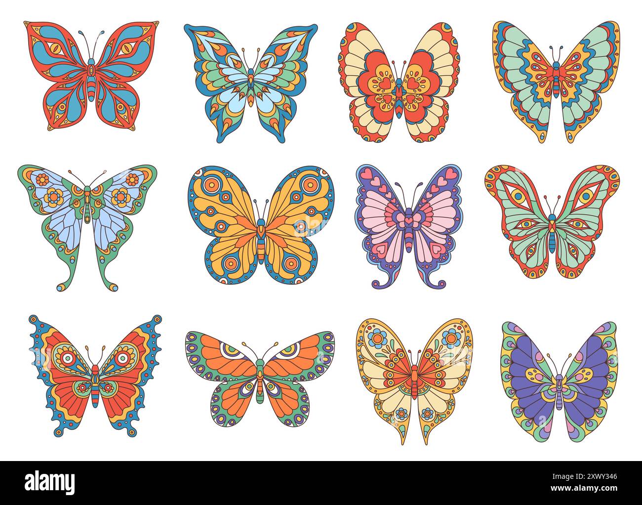 Farfalle gole con ali ornamentali in arte hippie degli anni '70, decorazioni vettoriali. Farfalla scanalata in un cartoni animati retrò, falena monarca o machaon con fu Illustrazione Vettoriale