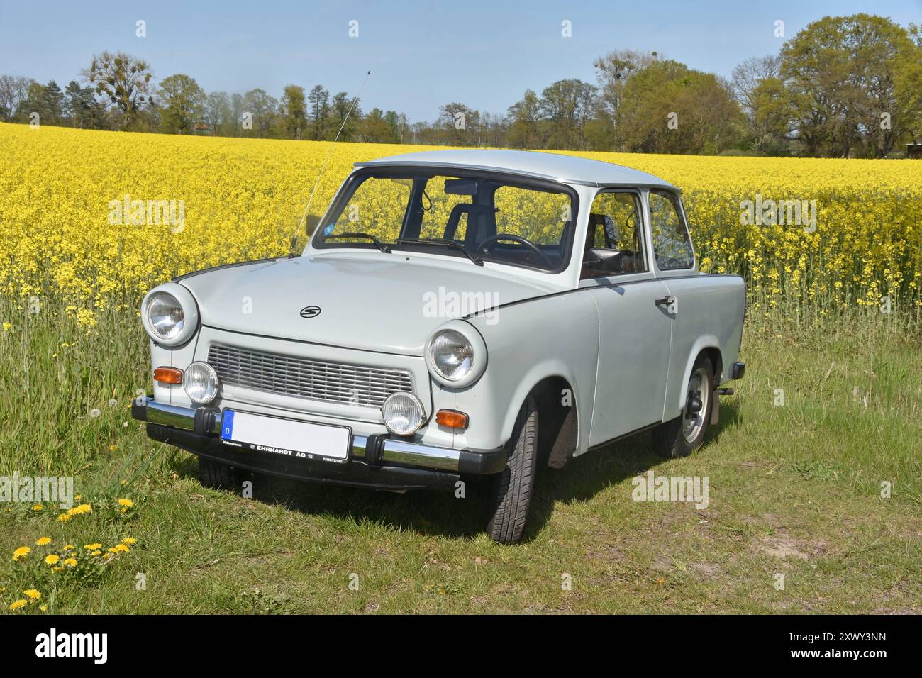 03.05.2023 Trabant 601 de LUXE Deutschland/ Niedersachsen/ Landkreis Gifhorn/ bei Brechtorf/ Rapsfeld/ Trabant 601 Limusine de LUXE Ausstattung/ Baujahr 1988/ Originalzustand *** 03 05 2023 Trabant 601 de LUXE Germania bassa Sassonia Distretto di Gifhorn vicino Brechtorf Rapsfeld Trabant 601 Limousine de LUXE Equipment anno di fabbricazione 1988 condizione originale Foto Stock