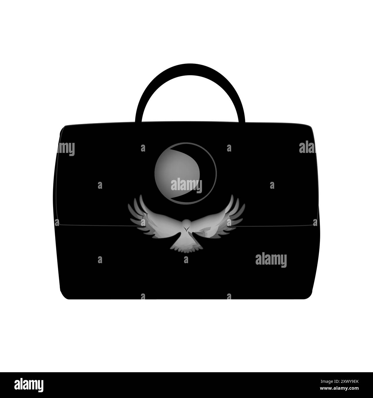 Borsa in pelle femminile nera con chiusura corvino e simbolo della luna isolato su sfondo bianco. Borsa da strega, elemento di design del costume di Halloween. Illustrazione vettoriale Illustrazione Vettoriale