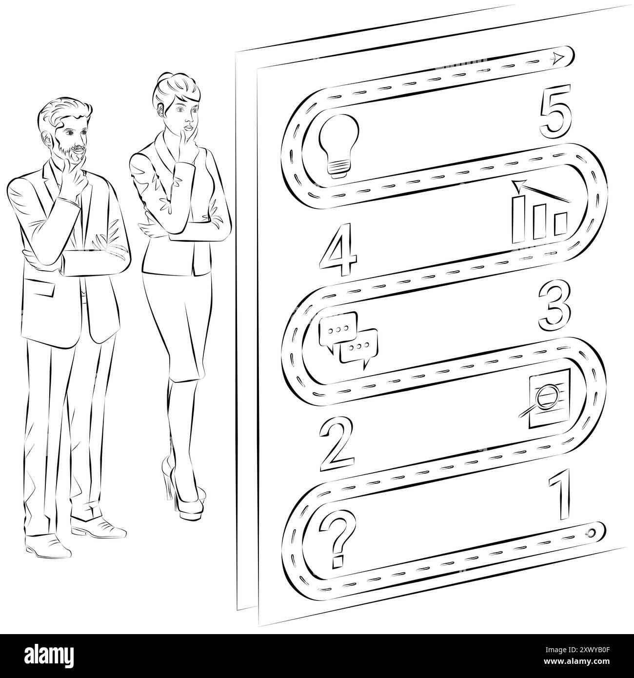 Uomo e donna che utilizzano 5 fasi per identificare problemi o opportunità nel processo decisionale. Concetto di business. Schizzo. Illustrazione vettoriale. Illustrazione Vettoriale