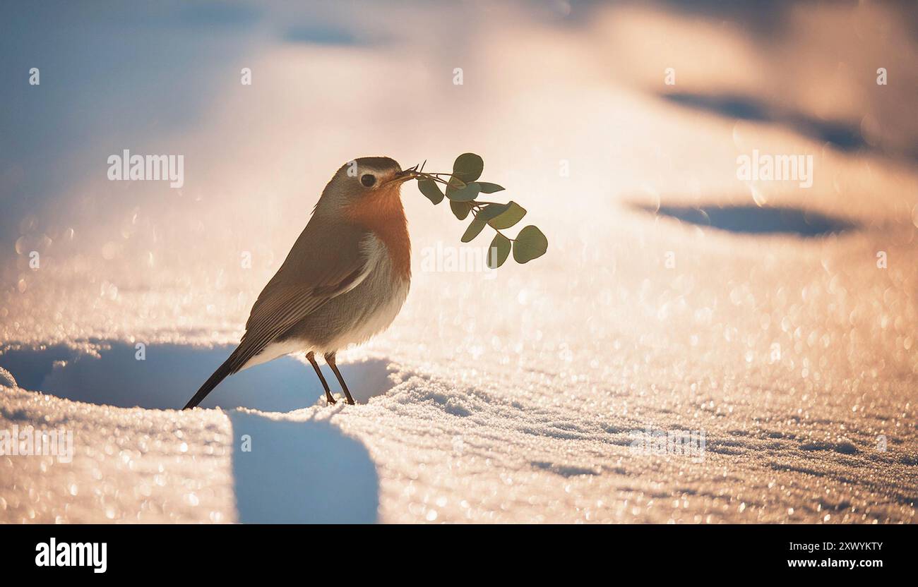 Robin nella neve che tiene il ramo di eucalipto: Una tranquilla scena invernale di fauna selvatica con una calda luce dorata, perfetta per le festività natalizie Foto Stock