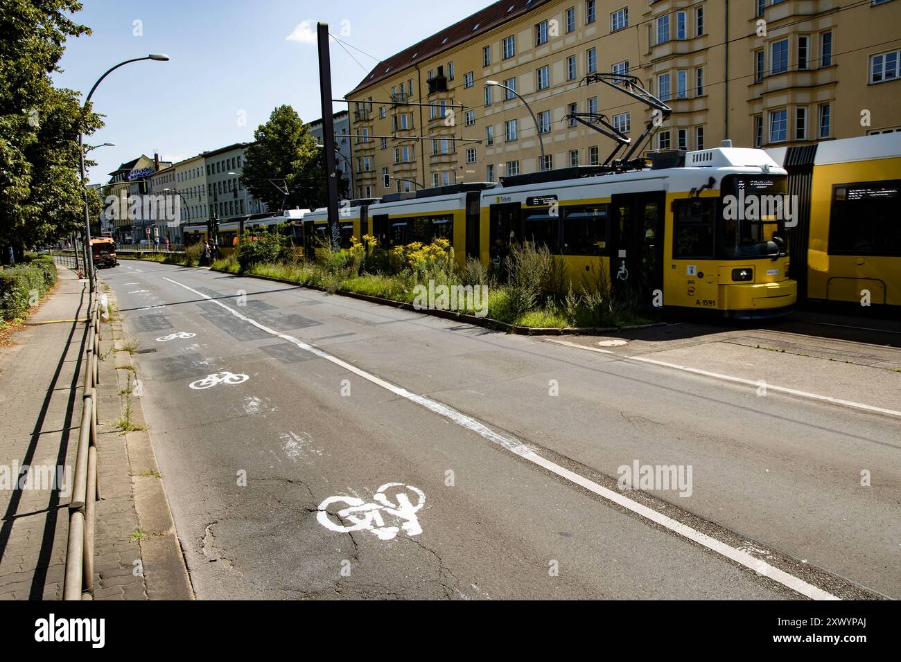 Pop-up Radweg in der Berliner Allee a Berlino Weissensee AM 1. Agosto 2024. Klimaaktivisten malen Pop Up Radweg a Weissensee *** percorso ciclabile pop up a Berliner Allee a Berlino Weissensee il 1° agosto 2024 gli attivisti per il clima dipingono la pista ciclabile pop up a Weissensee Foto Stock