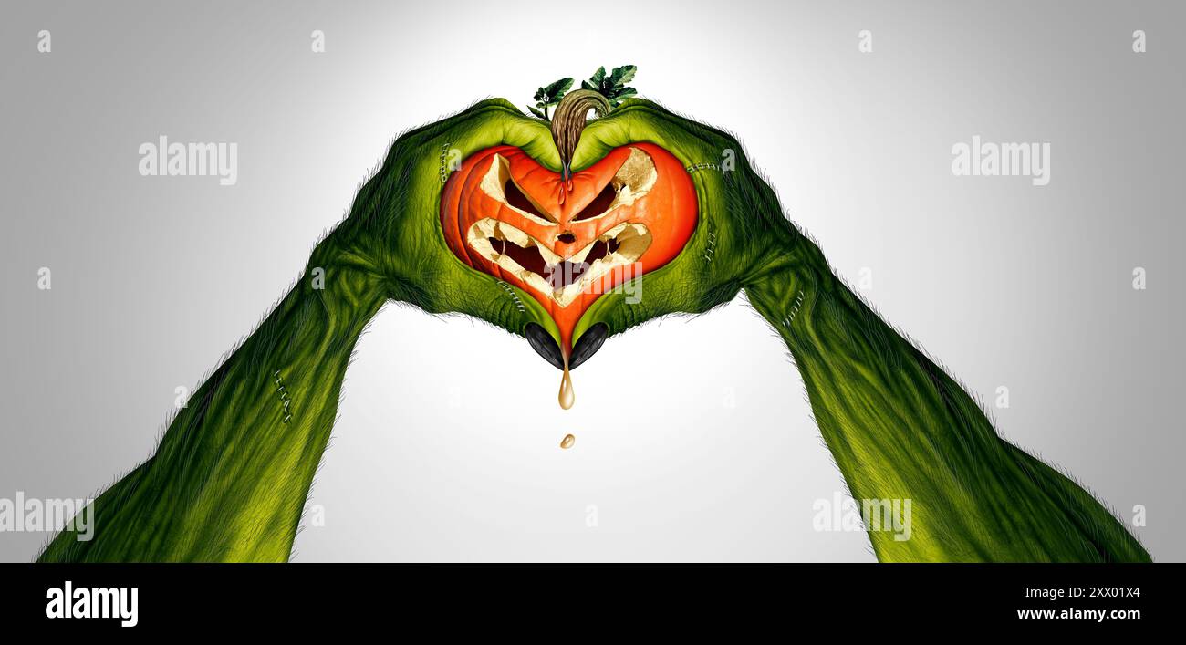 Monster Pumpkin Heart Crush come zombie mani a forma di cuore che schiacciano una jack o lanterna di Halloween come un spaventoso Charac horror stagionale in autunno o ottobre Foto Stock