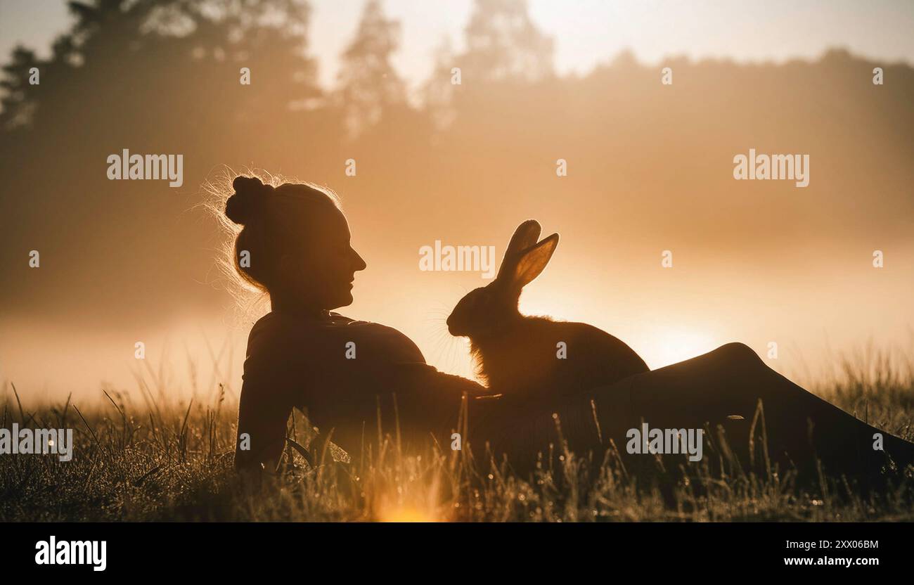 Sagoma di una giovane donna sdraiata nell'erba con il suo spirito coniglio animale, retroilluminato al tramonto durante l'ora d'oro, simbolico collegamento spirituale Foto Stock