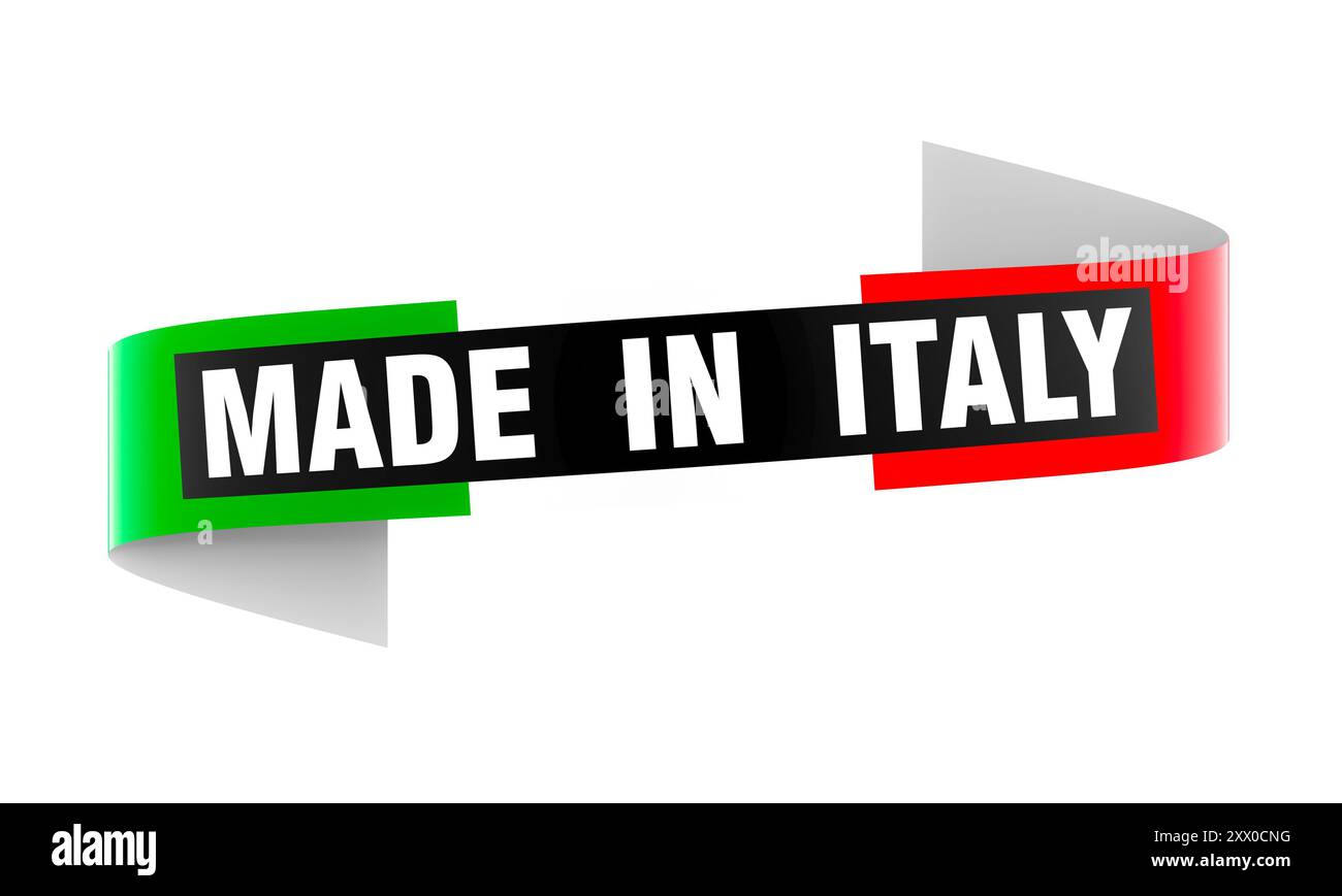 Striscione a nastro Made in italy con bandiera italiana sfondo trasparente 3d. Foto Stock