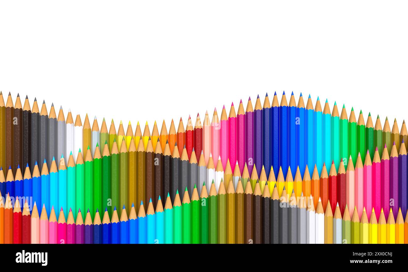 Matite colorate che formano motivi ondulati su sfondo trasparente 3d. Foto Stock