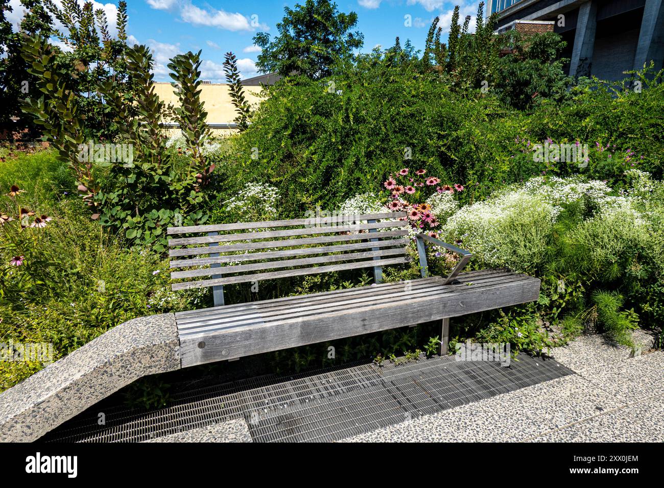 Reclaimed Teak Bench sull'High Line Park, New York City, NY, USA Foto Stock