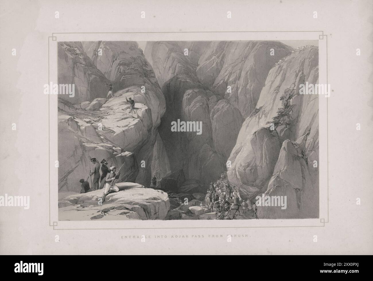 Prima guerra anglo-afghana. Ingresso al Khojak Pass da Parush. 1840-1850. Schizzi di Jas. Atkinson, esq. Il passo di Khojak si trova nella gamma di tifosi Khjeh Amraun. Ai piedi delle colline su ogni lato che conduce al passo si trovano regolari file di alberi, dando l'idea che in passato si fosse prestata una certa cura ad abbellire il terreno. A Parush apparve stupende masse di rocce perpendicolari, ma offrendo due sentieri stretti, anche se larghi solo pochi metri, che a sinistra era il solito percorso di Kafila, mentre quello a destra, anche se raramente calpestato, era stato sgombrato e m Foto Stock