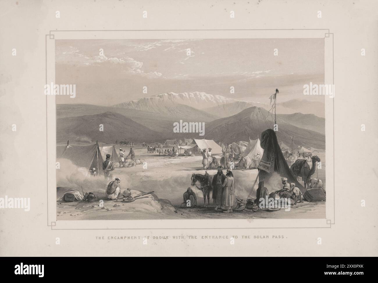 Prima guerra anglo-afghana. L'accampamento di Dadur, con l'ingresso al passo Bolan. 1840-1850. Schizzi di Jas. Atkinson, esq. Questa vista rappresenta l'accampamento delle truppe all'ingresso del passo Bolan, a circa un miglio dalla città di Dadur, dove si fermarono, per comando di Lord Keane, nella loro marcia da Nowshera, a una distanza di ventisei miglia, su una strada la più aspra e molestante. Duecento cammelli furono spediti da questo punto dal capitano Watt, con mille galloni di rum a Lord Keane (che ora aveva assunto il comando dell'Armata dell'Indo) per permettergli di marciare da qui Foto Stock