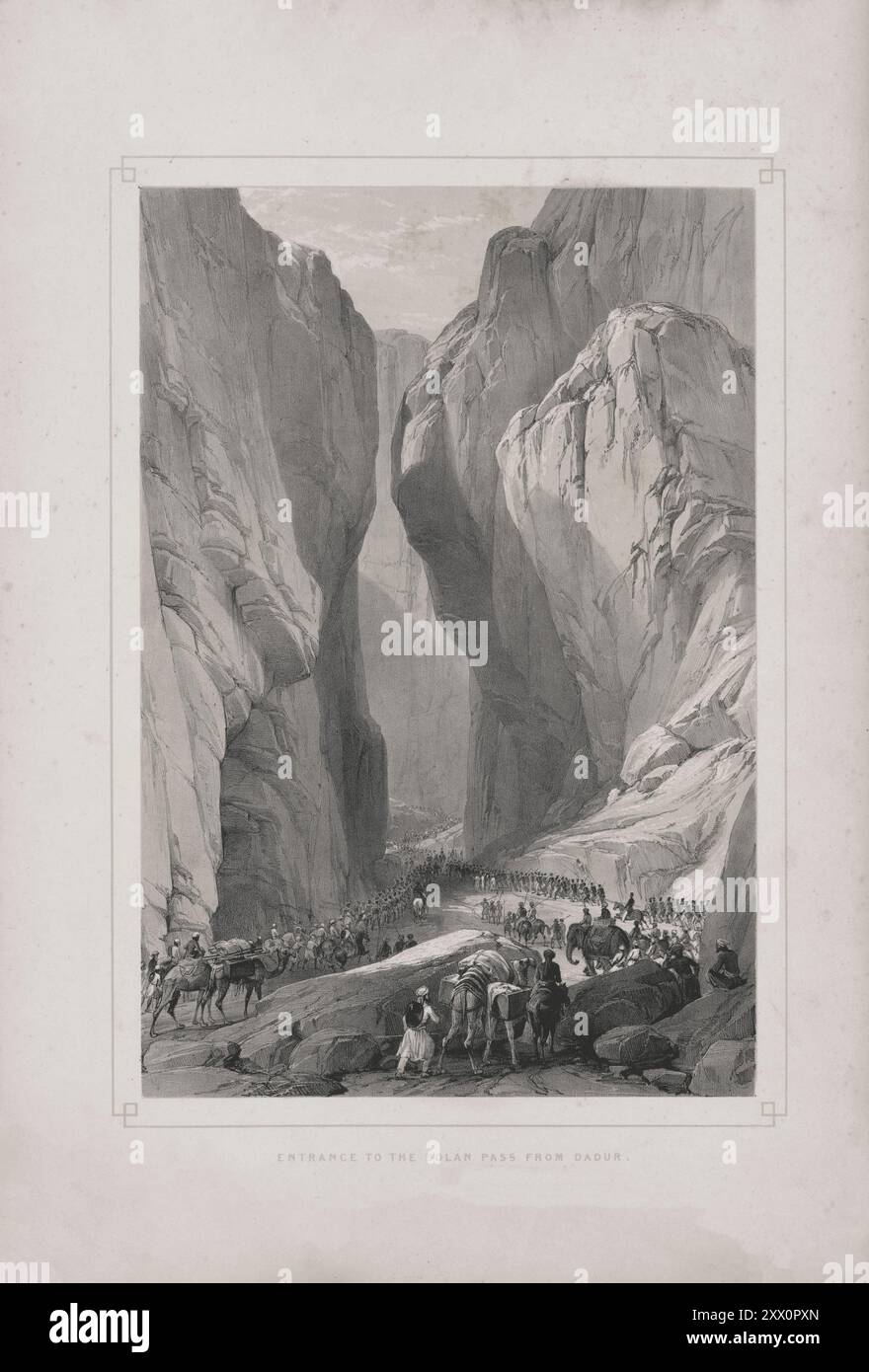 Prima guerra anglo-afghana. Ingresso al passo Bolan da Dadur. 1840-1850. Schizzi di Jas. Atkinson, esq. Lasciando l'accampamento di Dadur per Kundye, a una distanza di undici miglia e mezzo, le truppe entrarono quindi nel passo Bolan, che è rappresentato in questo disegno, la strada era ruvida e ghiaiosa, tra colline di sabbia, costellata di selce e pietre calcaree di tutte le dimensioni, lo spazio in larghezza tra le montagne varia da tre a quattrocento metri a circa trenta. Mentre il torrente nel passo scorre deviosamente da un lato all'altro della gola, l'esercito fu costretto ad attraversarlo sei o sette Foto Stock