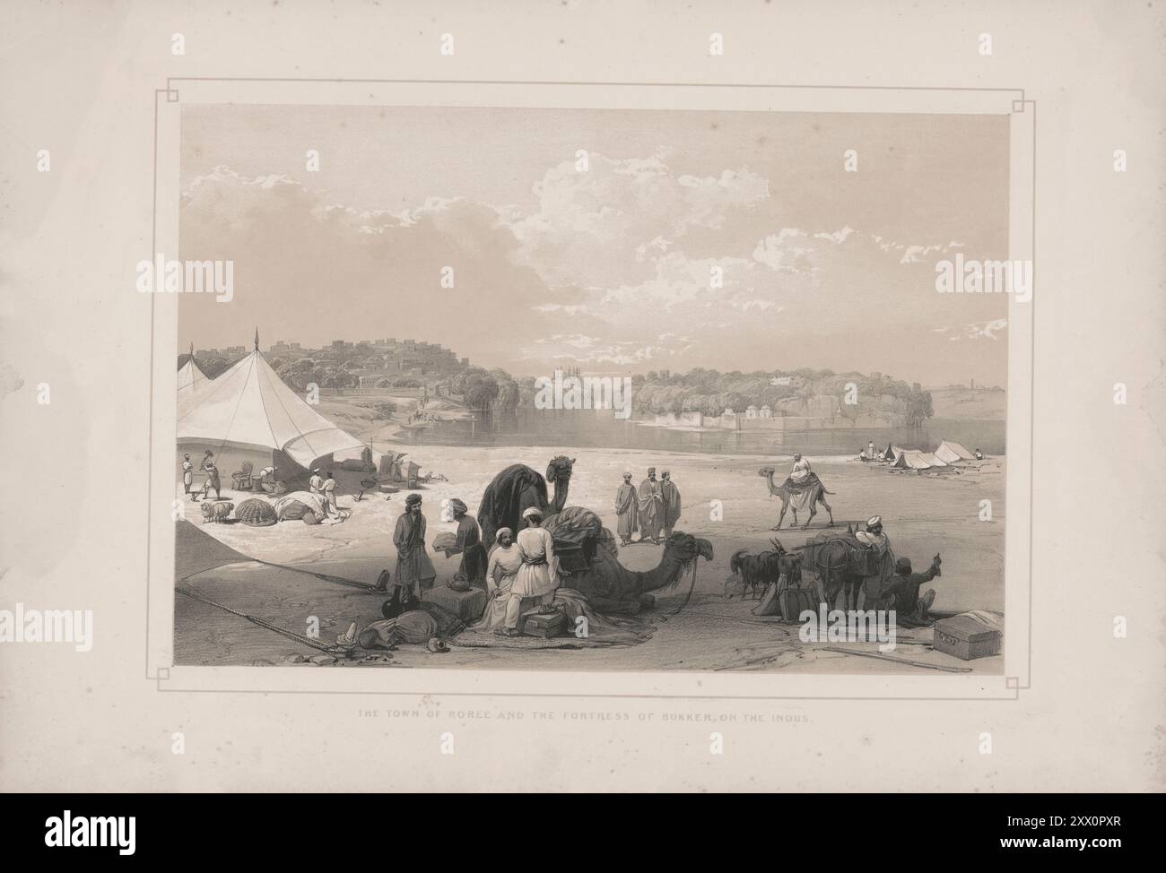 Prima guerra anglo-afghana. La città di Roree e la fortezza di Bhukker, sull'Indo. 1840-1850. Schizzi di Jas. Atkinson, esq. A circa un miglio ad est di Roree, il terreno di accampamento dell'esercito britannico, una bella vista si presenta della città, dell'isola, della fortezza di Bhukker e dell'ulteriore riva di Sukkur sull'Indo. Bhukkur era precedentemente la capitale di Scinde. Il forte si erge su una roccia di selce, a circa 20 metri sopra il livello del fiume. La guarnigione di stanza qui consisteva del 35esimo N. I. comandato dal colonnello Monteath, che risiedeva nella casa dei Killadar. L'uscita di Roree in t Foto Stock