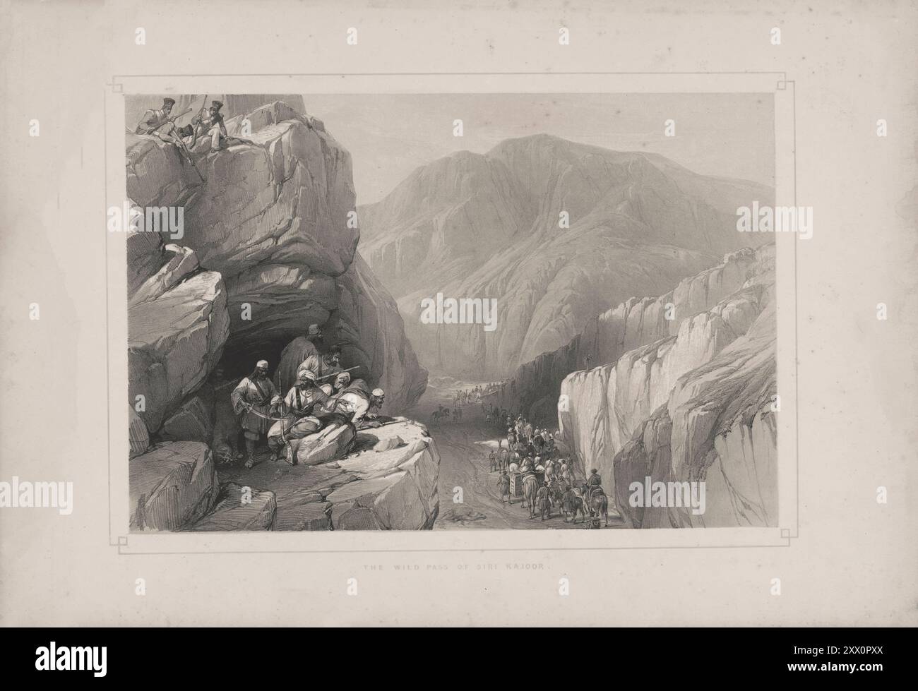 Prima guerra anglo-afghana. Il passo selvaggio di Siri-Kajoor. 1840-1850. Schizzi di Jas. Atkinson, esq. Una tana di Beloochees è esposta in primo piano, che sovrasta la strada attraversata dall'esercito. Questo passo si trova tra Abigoom e Siri-Bolln, a una distanza di nove miglia e mezzo; due terzi della strada, sulla destra, è l'albero di dattero da cui prende il nome di "Siri-Kajoor". La strada è circondata da montagne selvagge e aspre che offrono numerosi posi¬inaccessibili per i predatori e assassini Beloochees, che da questi fantasmi usano abilmente i loro jezail o fucili, mos Foto Stock
