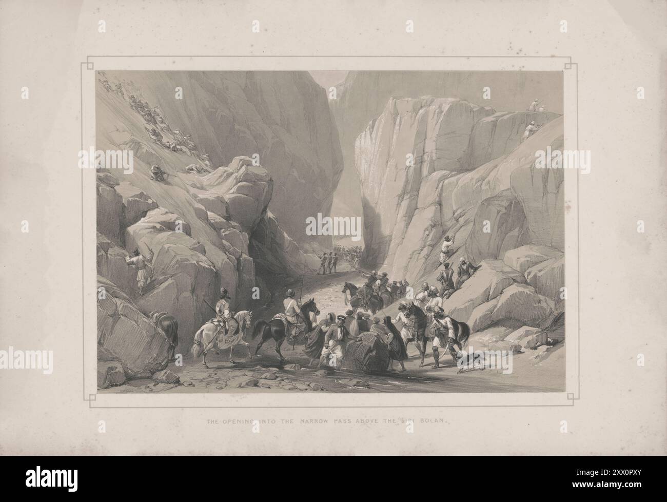 Prima guerra anglo-afghana. L'apertura nel passo stretto sopra il Siri Bolan. 1840-1850. Schizzi di Jas. Atkinson, esq. Una schermaglia con i Beloochees è qui rappresentata, una circostanza non affatto rara vicino a questo posto. Non lontano da essa la retroguardia¬di un reggimento europeo fu attaccata da due o trecento Beloochees che scendono giù per le colline, e dopo aver sparato i loro fiammiferi, stavano avanzando la spada in mano, quando l'ufficiale al comando, raccolse i suoi Sepoys (circa ottanta) e li tennero tranquilli finché i Beloochees non arrivarono all'interno di un colpo di pistola, diedero loro una volley e subito dopo Foto Stock