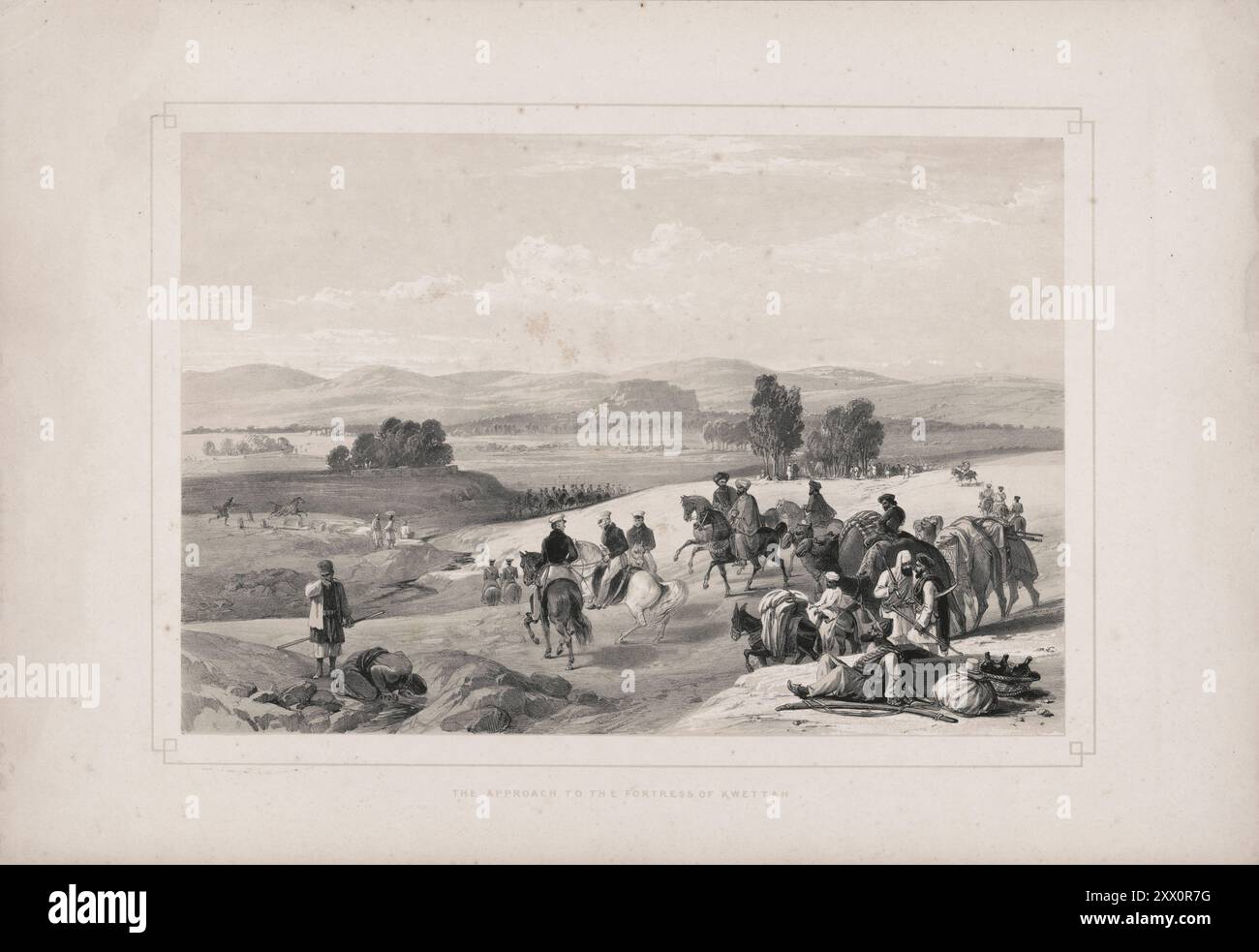 Prima guerra anglo-afghana. L'avvicinamento alla fortezza di Kwettaih. 1840-1850. Schizzi di Jas. Atkinson, esq. Kwettah si trova nella provincia di Shaul, situata su un'ampia pianura con pareti interne ed esterne, e appare a distanza come un alto tumulo. Lord Keane e il personale sono visti occupare la via di mezzo. Qui lo stato dell'esercito, per la mancanza di un sufficiente rifornimento di grano e Ollah, divenne allarmante, e anche se in questo luogo erano stati promessi e previsti rifornimenti abbondanti, divenne necessario per l'autorità militare capo, Sir Willoughby Cotton, ridurre le razioni giornaliere a metà, wh Foto Stock
