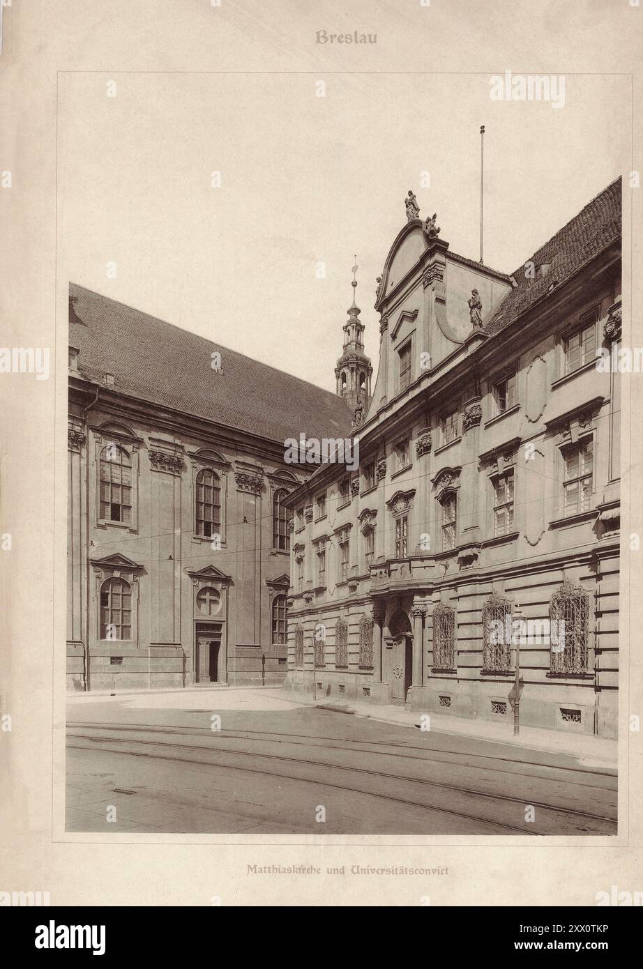 Chiesa di San Mattia e Convenzione universitaria di Breslavia (Breslavia). Foto d'epoca degli anni '1900 di Wrocław. (In tedesco Breslavia) è una città della Polonia sud-occidentale e la più grande città della regione storica della Slesia. In varie occasioni, ha fatto parte del Regno di Polonia, del Regno di Boemia, del Regno d'Ungheria, della monarchia asburgica d'Austria, del Regno di Prussia e della Germania, fino a quando divenne nuovamente parte della Polonia nel 1945 a seguito dei cambiamenti territoriali della Polonia subito dopo la seconda guerra mondiale Foto Stock