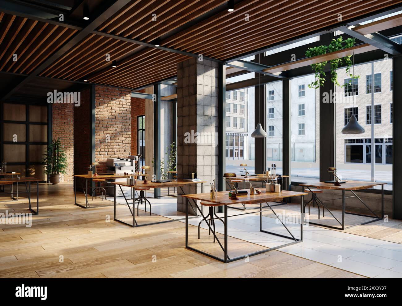 Un grande spazio open Office con pavimenti in legno e pareti in mattoni, rendering 3d. Foto Stock