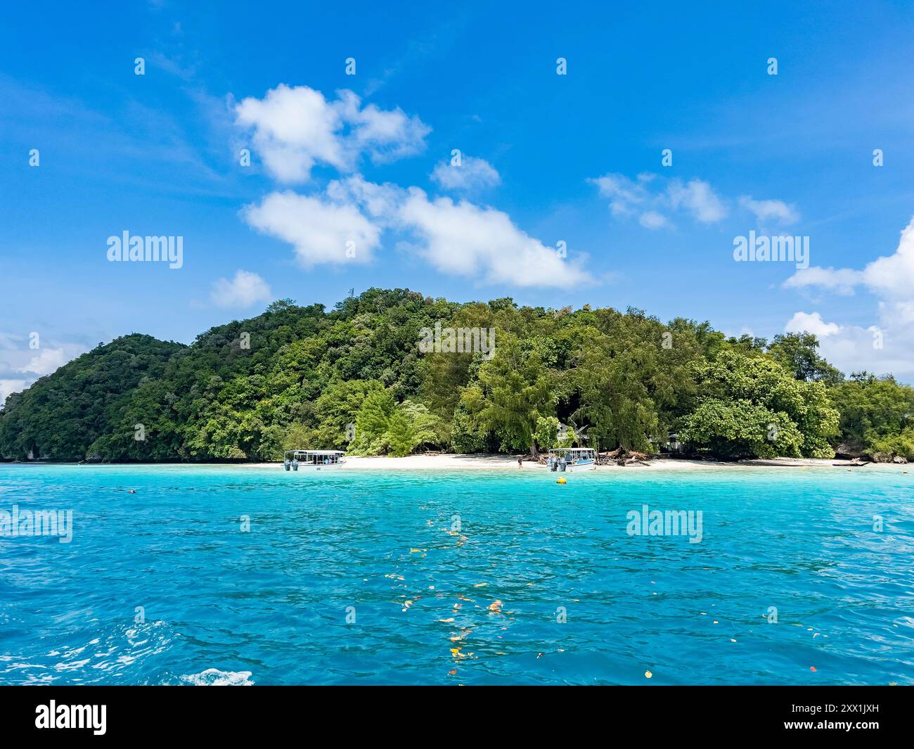 Esempio di folta fogliame e isolotti sottostanti vicino a un'isola turistica, Palau, Micronesia, Pacifico Foto Stock