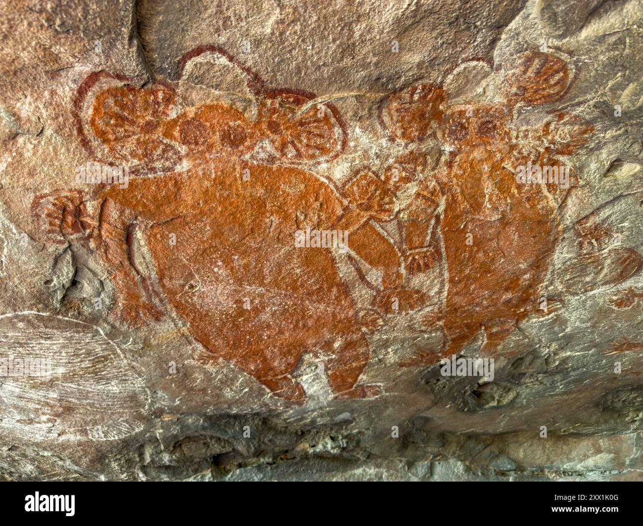 Wandjina forma d'arte di vari animali su King Leopold Sandstone, Swift Bay, Kimberley, Australia Occidentale, Australia, Pacifico Foto Stock