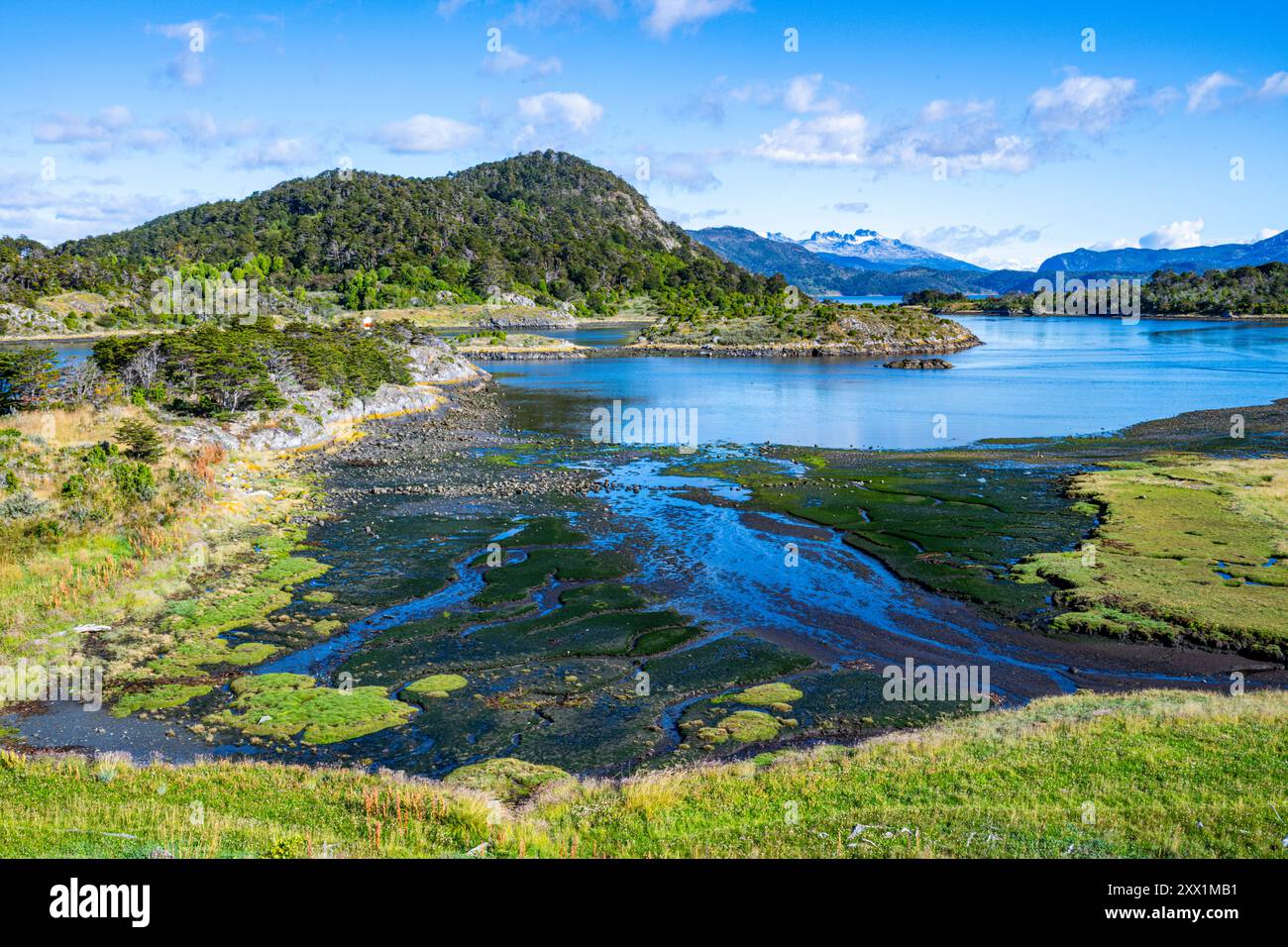 Vista sulla baia di Wulaia, la Terra del fuoco, il Cile e il Sud America Foto Stock