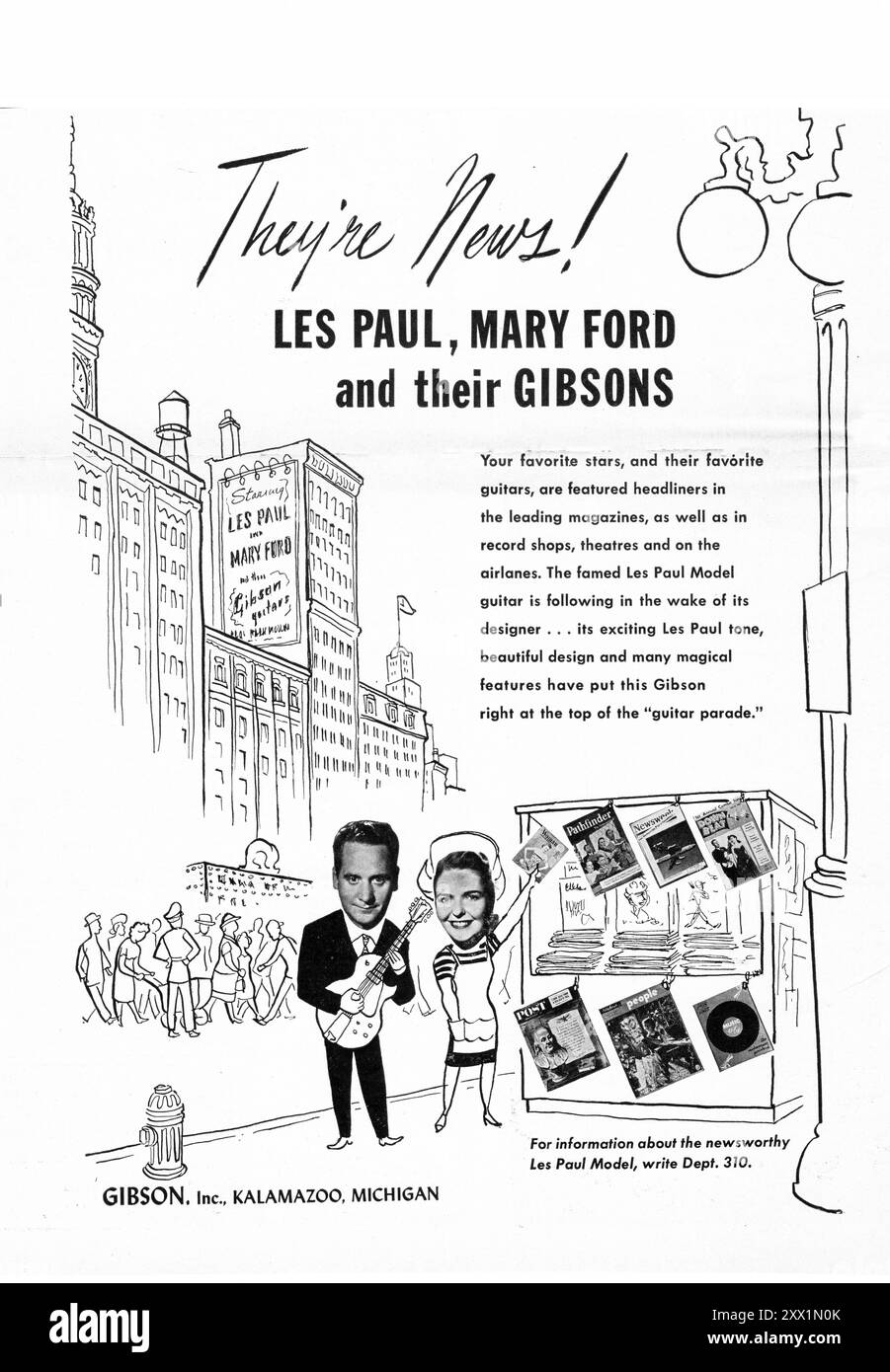 Un annuncio da una rivista del 1954 per Gibson Guitars con il grande Les Paul e sua moglie, Mary ford. Foto Stock