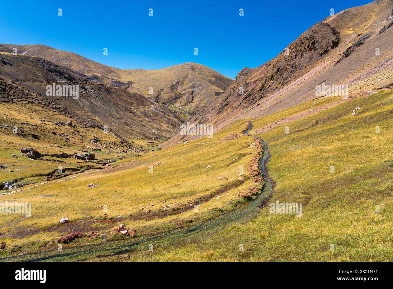 Valle delle Ande, vicino al Monte Arcobaleno, distretto di Pitumarca, regione di Cusco (Cuzco), Perù, sud America Foto Stock