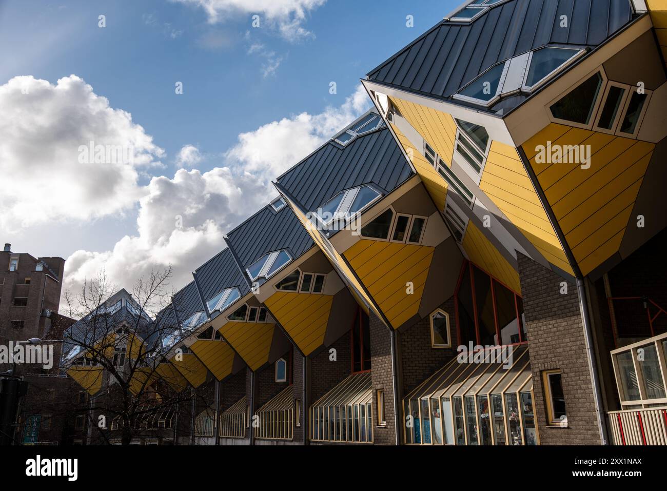Cube Houses, vivace architettura a cubo gialla unica con un cielo blu, Rotterdam, Paesi Bassi, Europa Foto Stock