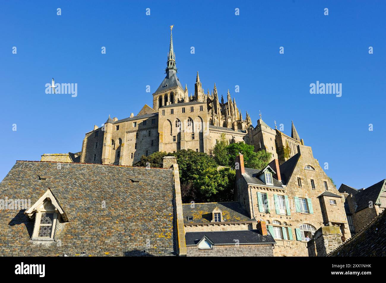 Vista dell'abbazia dai bastioni di Mont-Saint-Michel, patrimonio dell'umanità dell'UNESCO, dipartimento della manna, regione della Normandia, Francia, Europa Foto Stock