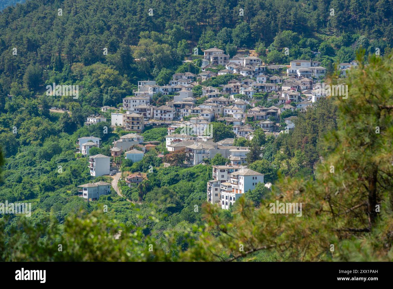 Vista del bosco e del villaggio di Panagia, incastonato tra le colline, Makriammos, Thassos, Mar Egeo, isole greche, Grecia, Europa Foto Stock