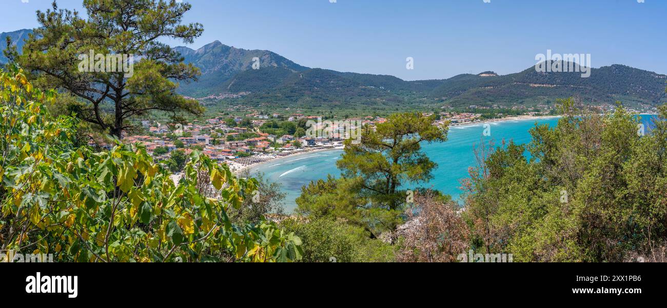 Vista degli alberi e della spiaggia dorata di Chrysi Ammoudia, Thassos, Mar Egeo, isole greche, Grecia, Europa Foto Stock