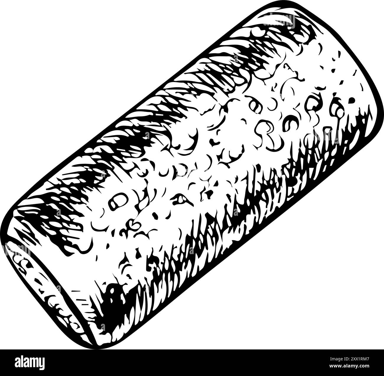 Un sughero di vino. Grafica vettoriale, illustrazioni disegnate a mano in bianco e nero. Isolare su sfondo bianco. Per confezioni ed etichette. Per banner e poster Illustrazione Vettoriale