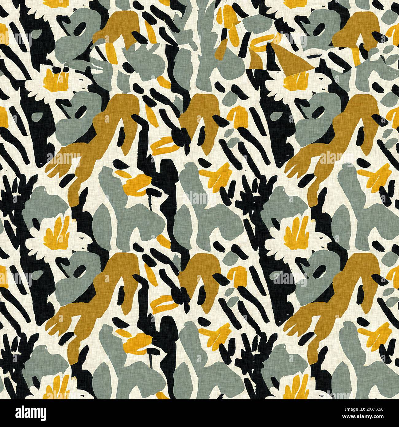 Moderno motivo blockprint in tessuto stampato con fiori selvatici e texture in lino. Motivi floreali boho scuri disegnati a mano stilizzati per elementi di design decorativi Foto Stock