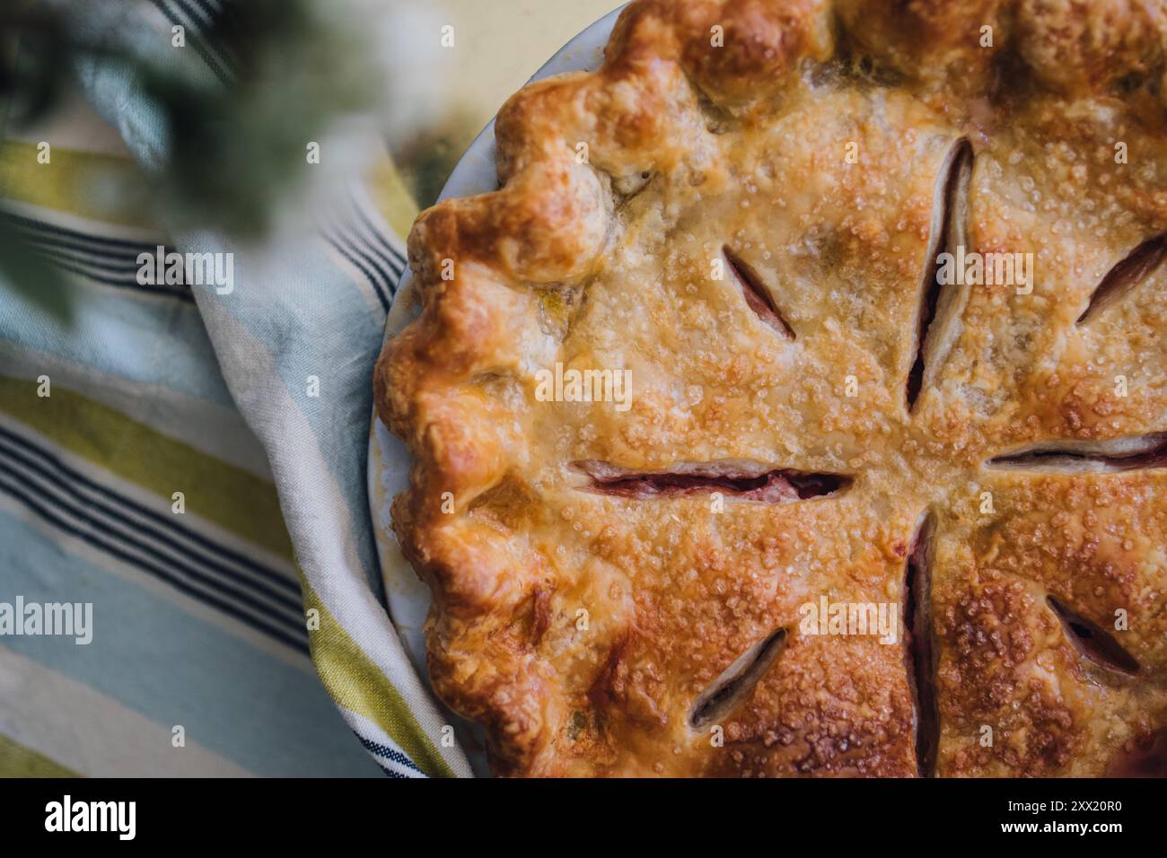 torta di rabarbaro alla fragola con un panno blu a righe verdi Foto Stock