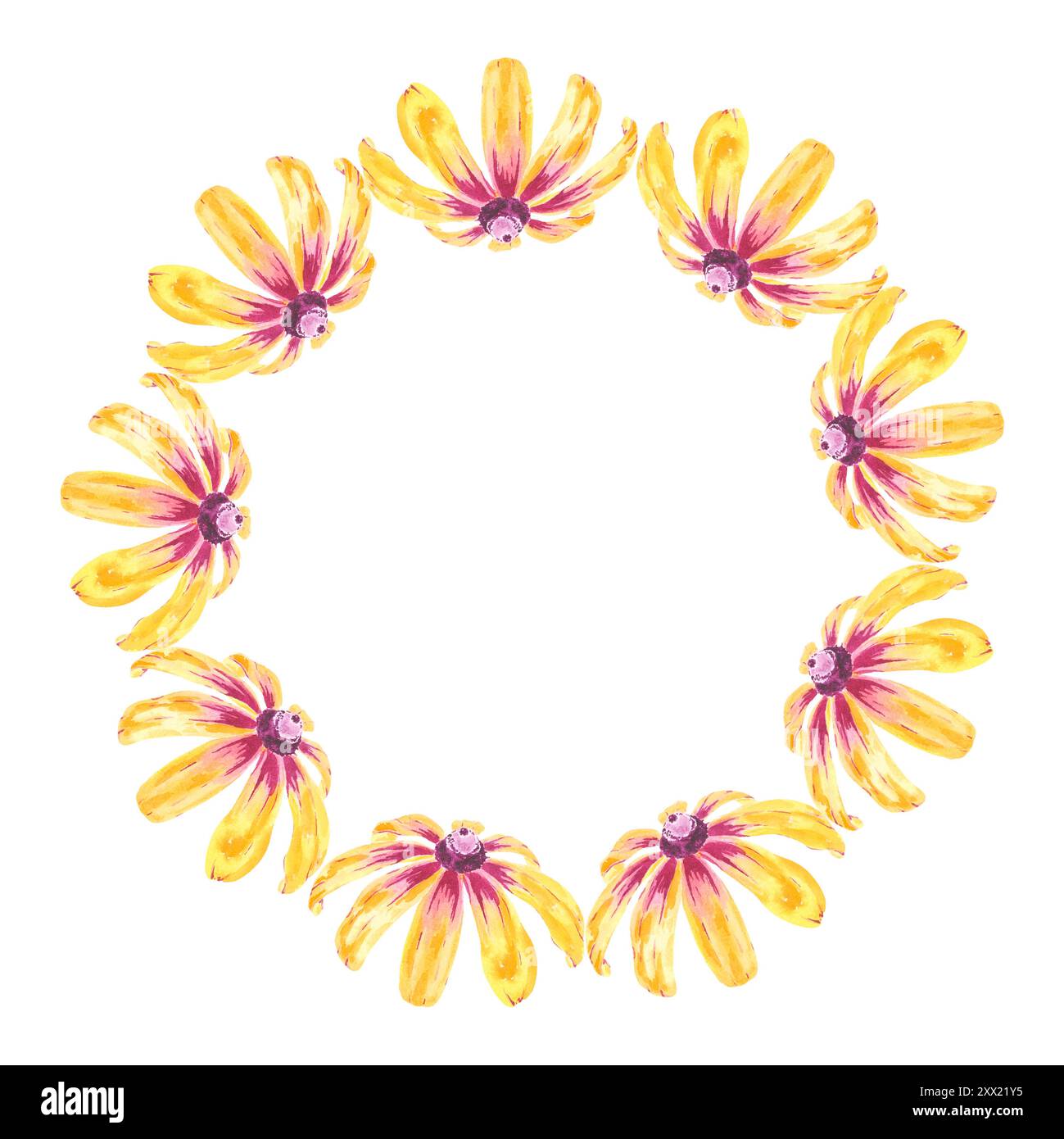 Acquerello a fiori di ghirlanda con rudbeckia o illustrazione isolata in camomilla disegnata a mano per noi in carta da parati di design, tessuto, logo, articoli. Lascia Daisy Foto Stock