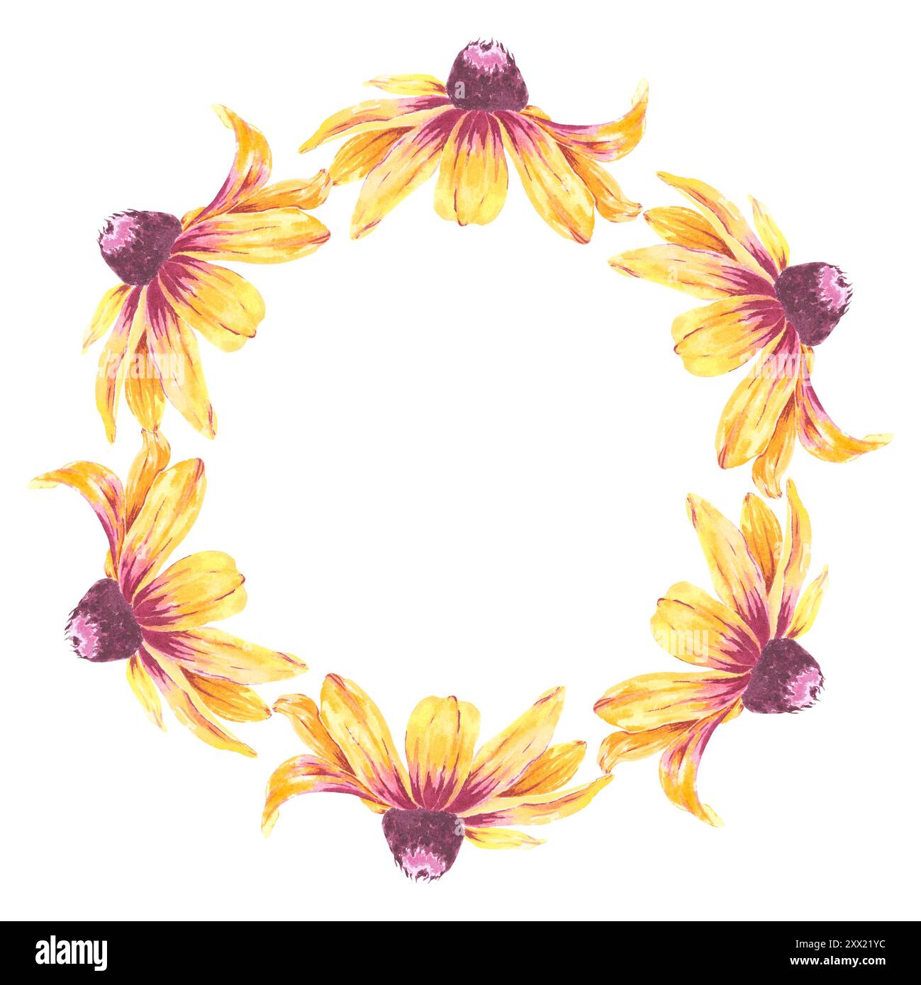 Acquerello a fiori di ghirlanda con rudbeckia o illustrazione isolata in camomilla disegnata a mano per noi in carta da parati di design, tessuto, logo, articoli. Lascia Daisy Foto Stock