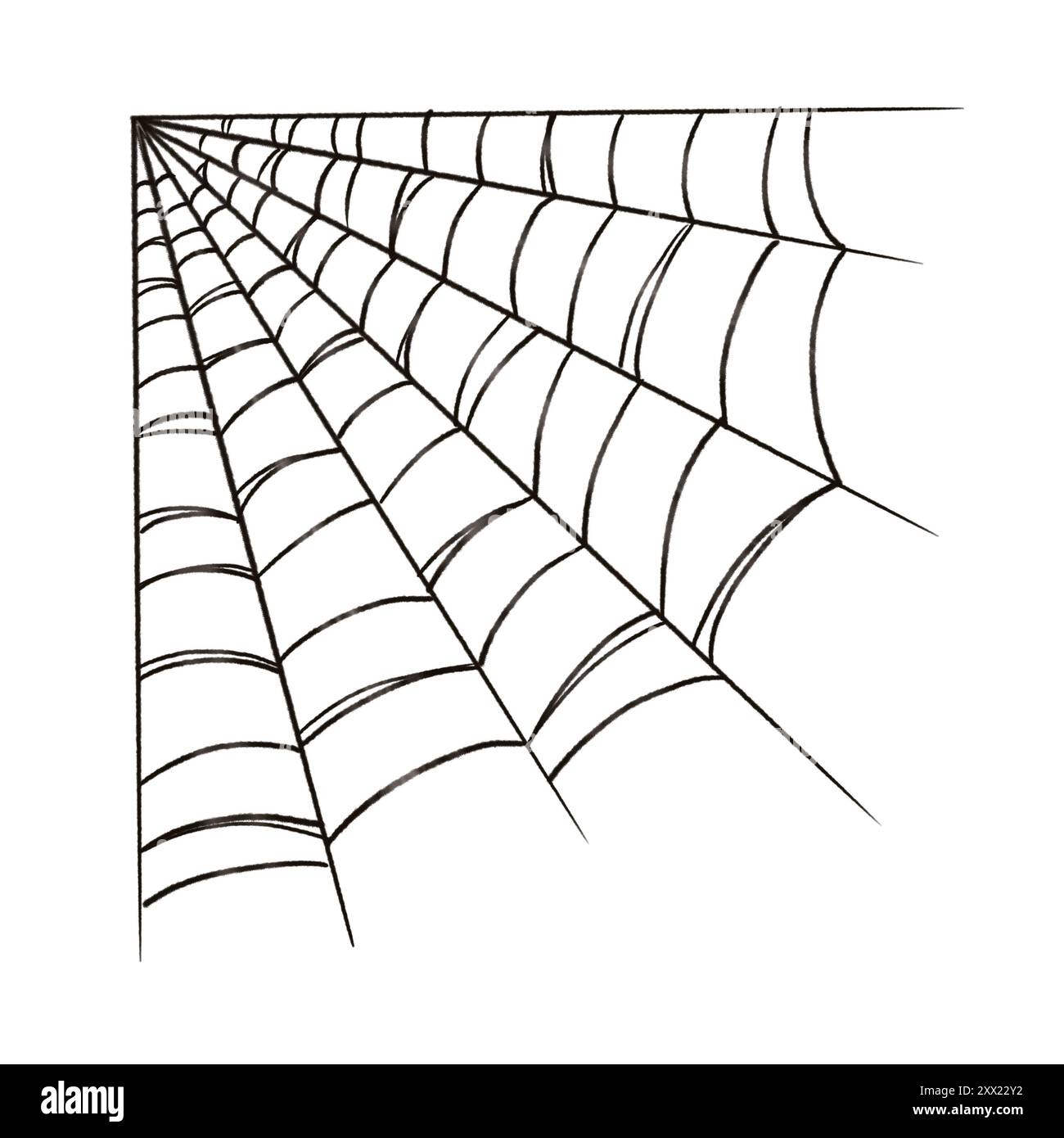 Spider Web Corner nero con riflessi in stile cartone animato. Il decoro scuro di Halloween disegnato a mano di fili di seta delinea l'illustrazione. Disegno isolato per Foto Stock