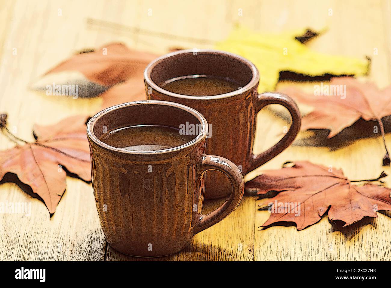 Due tazze di caffè tra foglie autunnali su un tavolo Foto Stock