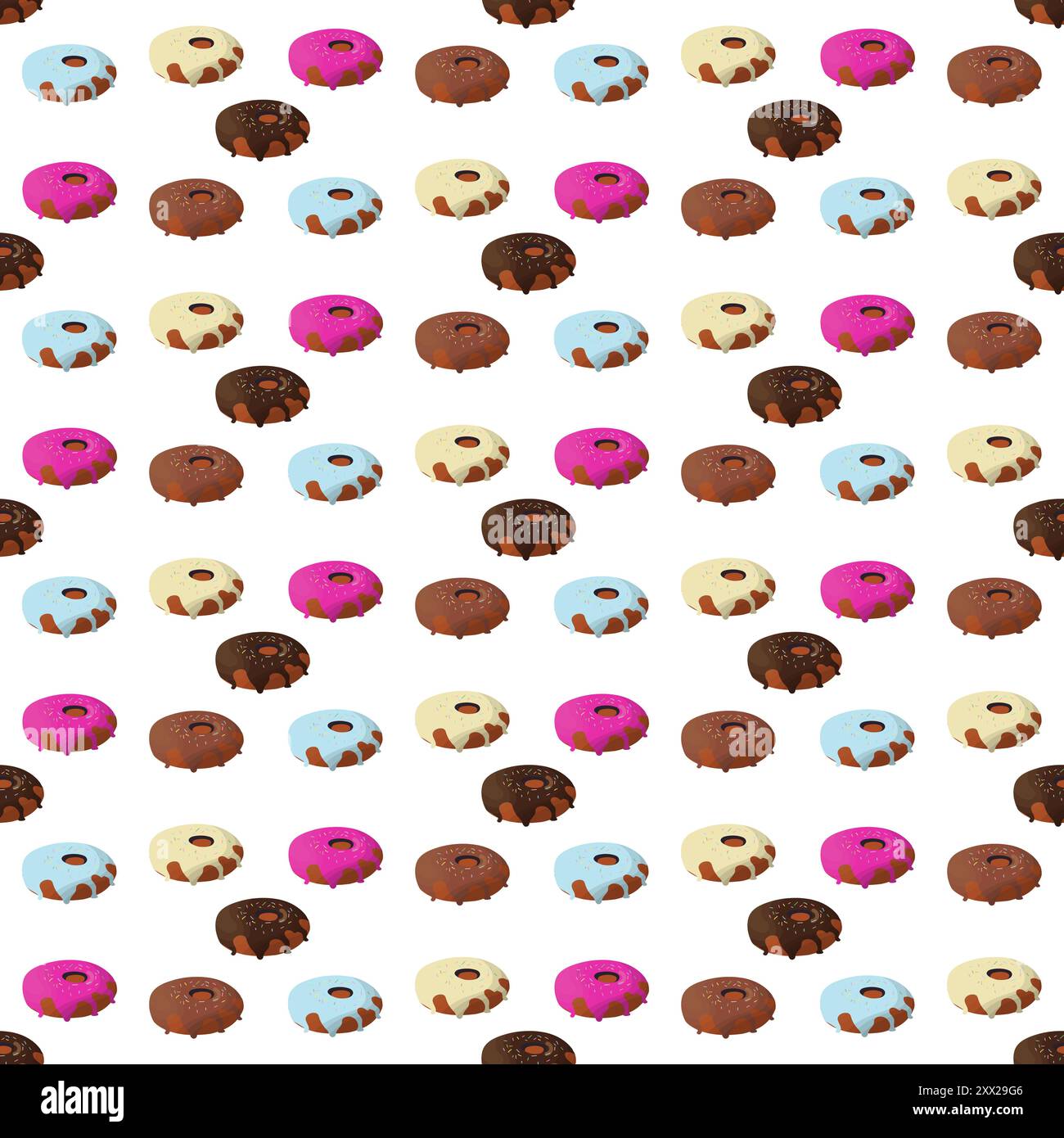 Ciambelle. Pasticceria rotonda e pasticceria decorata con pamada dolciaria. Delizioso dessert nazionale americano. Motivo senza cuciture. Illustrazione Vettoriale