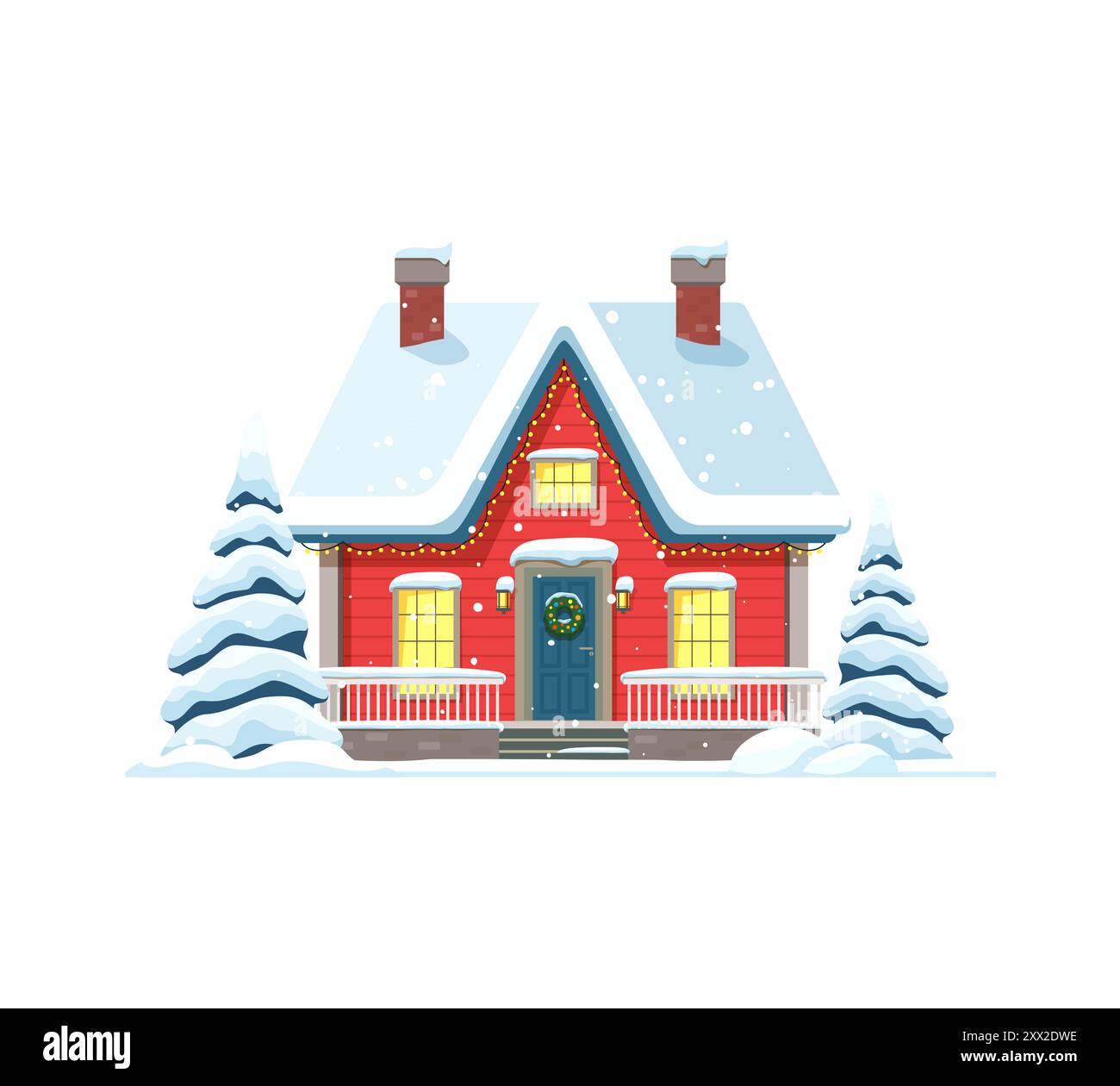 Facciata dell'edificio di casa natalizia invernale con tetto innevato. Cottage natalizio con facciata innevata, cartoni animati all'aperto per le vacanze invernali o casa del villaggio di Natale, esterno isolato Illustrazione Vettoriale